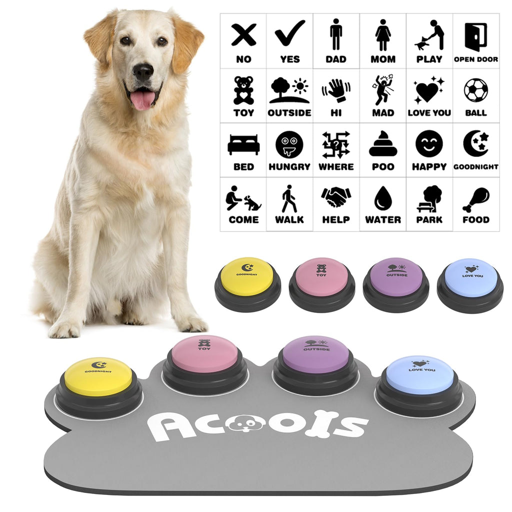Acools Dog Buttons for Communication, 4 Dog Talking Button Set, Speaking Buttons for Cats and Dogs, 30s Voice Recordable Pet Training Buzzer with Waterproof Dog Activity Mat and 48 Scene Stickers