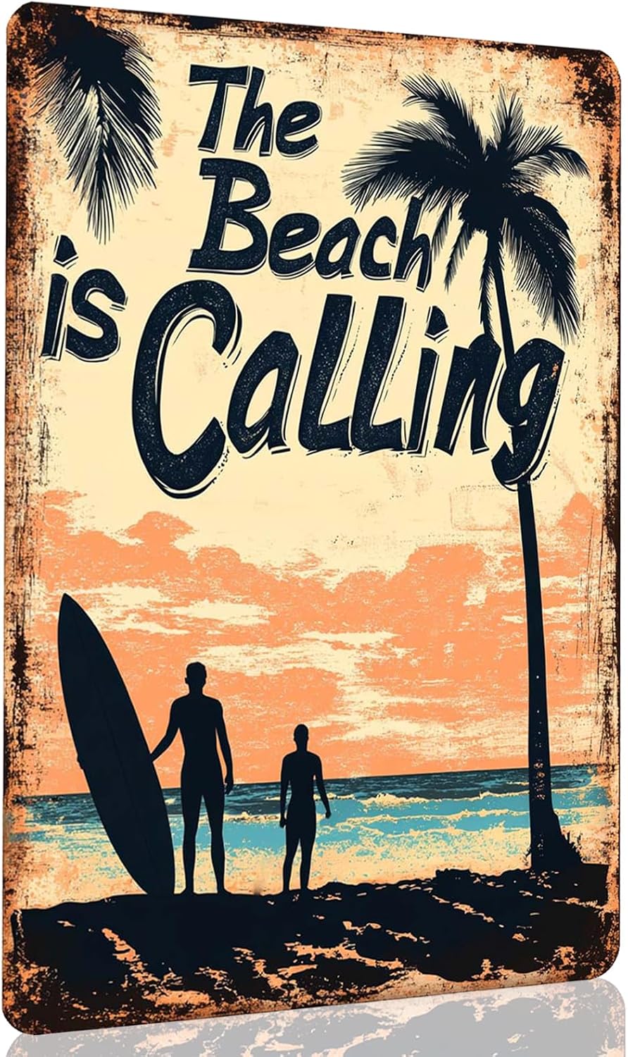CCPARTON Vintage Beach Metal Sign The Beach Is Calling Metal Tin Sign For Home Outdoor Indoor Office Bar Yard Decor 8x12 Inch