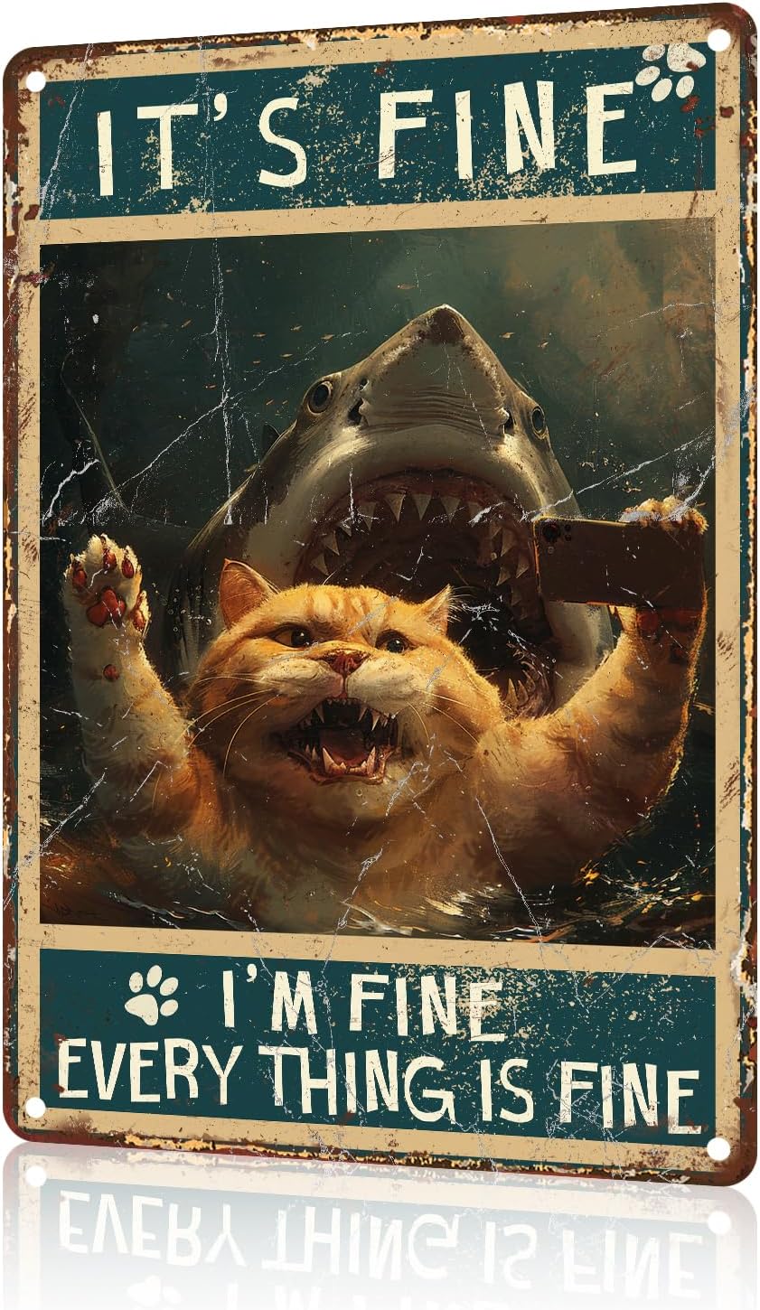 Cat Metal Tin Sign It's Fine I'm Fine Retro Wall Art Decor Funny Signs Bar Pub Club Indoor Home Gifts 8x12 inch