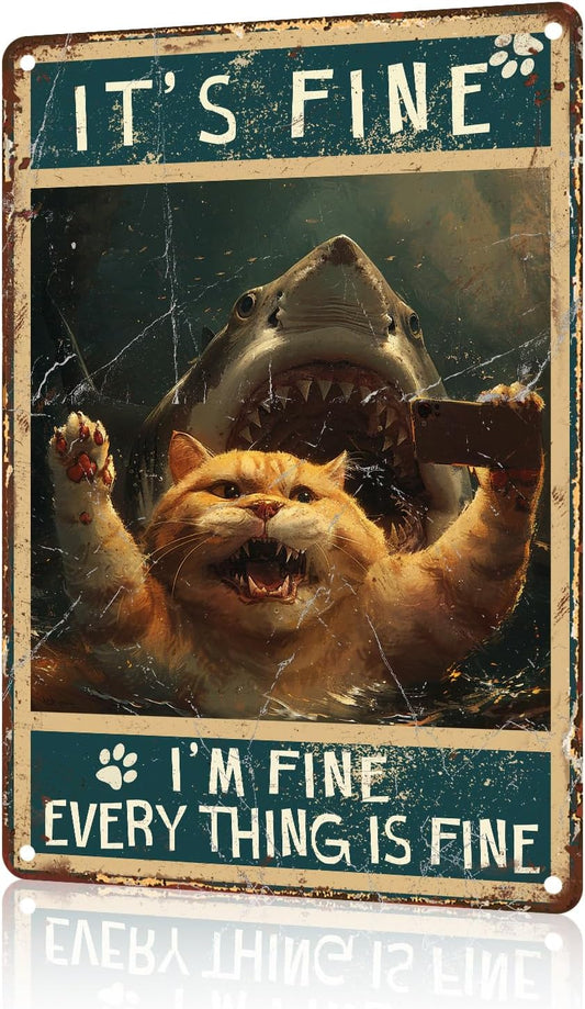 Cat Metal Tin Sign It's Fine I'm Fine Retro Wall Art Decor Funny Signs Bar Pub Club Indoor Home Gifts 8x12 inch