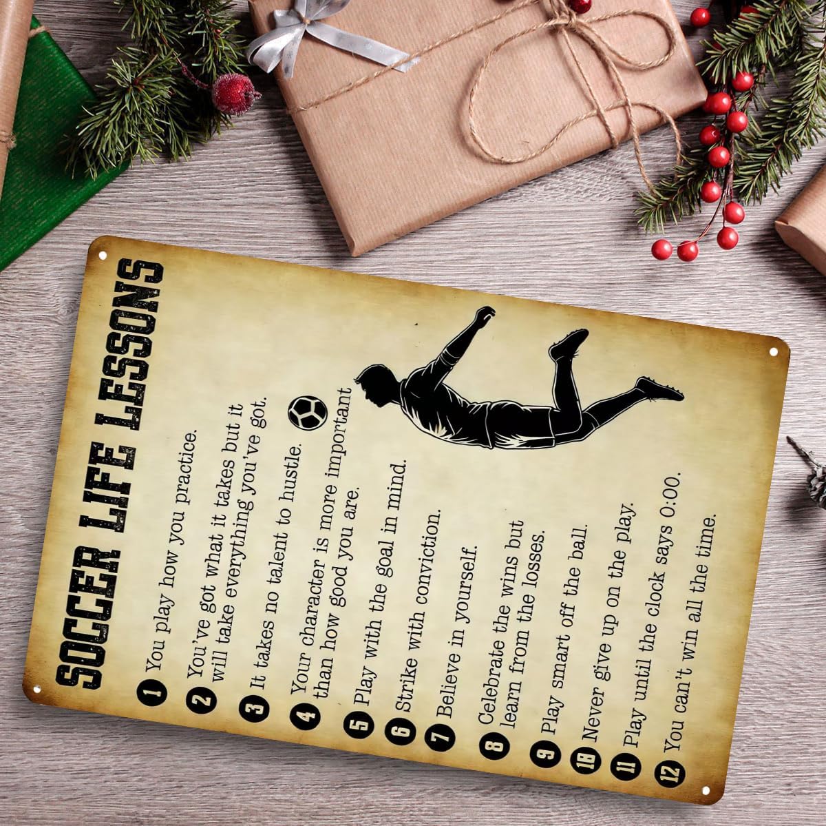 tosles Soccer Poster - Vintage Metal Tin Sign Motivational Wall Art with Inspirational Quotes, Soccer Life Lessons Gift for Men, Dad, Teen - Man Cave, Bedroom, Office Decor - 8x12 Inch