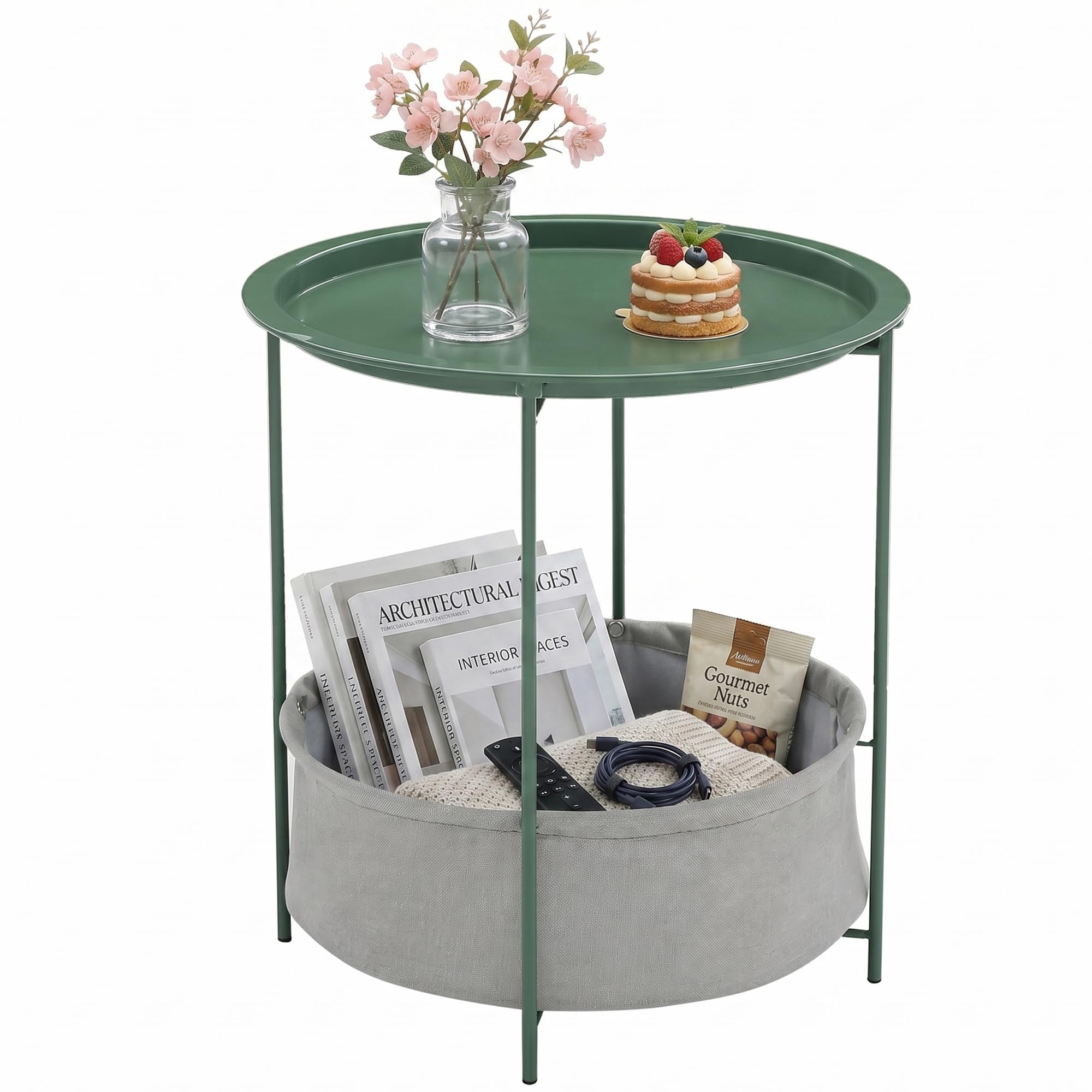 VECELO Side/End Table, Folding Round Metal Anti-Rust and Waterproof Outdoor or Indoor Tray for Living Room Bedroom Balcony and Office, 2 PCS, Dark Green