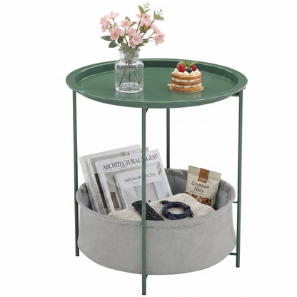 VECELO Side/End Table, Folding Round Metal Anti-Rust and Waterproof Outdoor or Indoor Tray for Living Room Bedroom Balcony and Office, 2 PCS, Dark Green