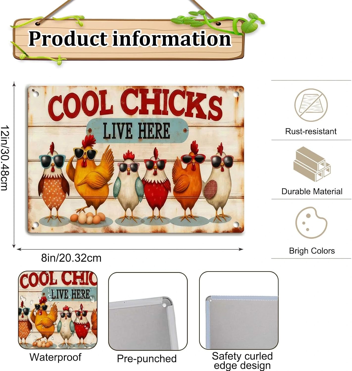 Chicken Metal Decor Sign Vintage Metal Tin Sign Wall Art Decor Cool Chicks Live Here Chicken Coop Signs Accessories for Outdoor Decorations Gifts for Women and Hen Lovers 8 X 12 Inch
