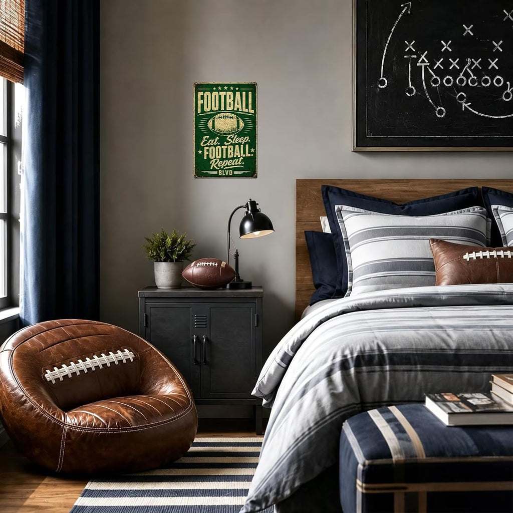 Eat Sleep Football Repeat Tin Sign, Football Room Wall Decor For Teen Boys Room Bedroom, Sports Player Man Cave Decor 8X12 Inch
