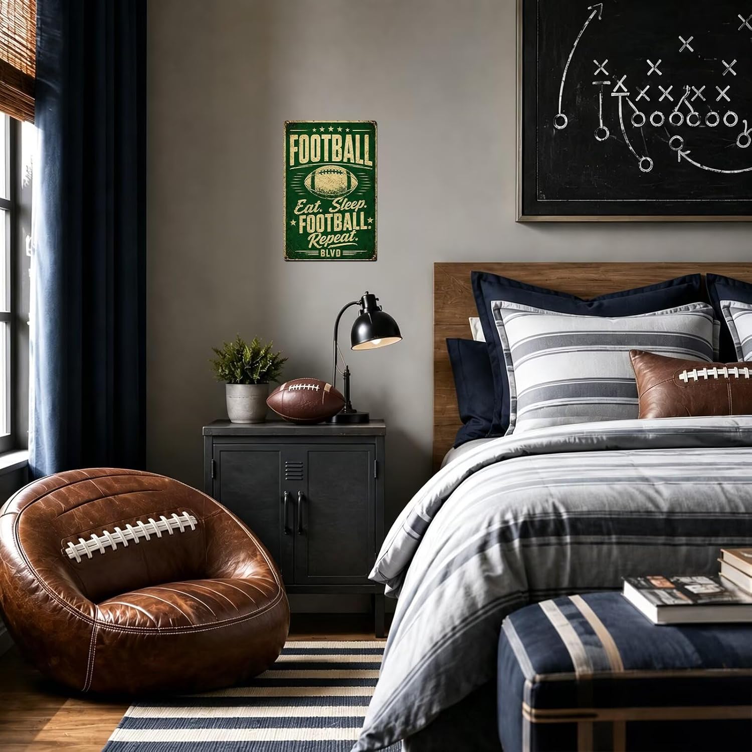 Eat Sleep Football Repeat Tin Sign, Football Room Wall Decor For Teen Boys Room Bedroom, Sports Player Man Cave Decor 8X12 Inch