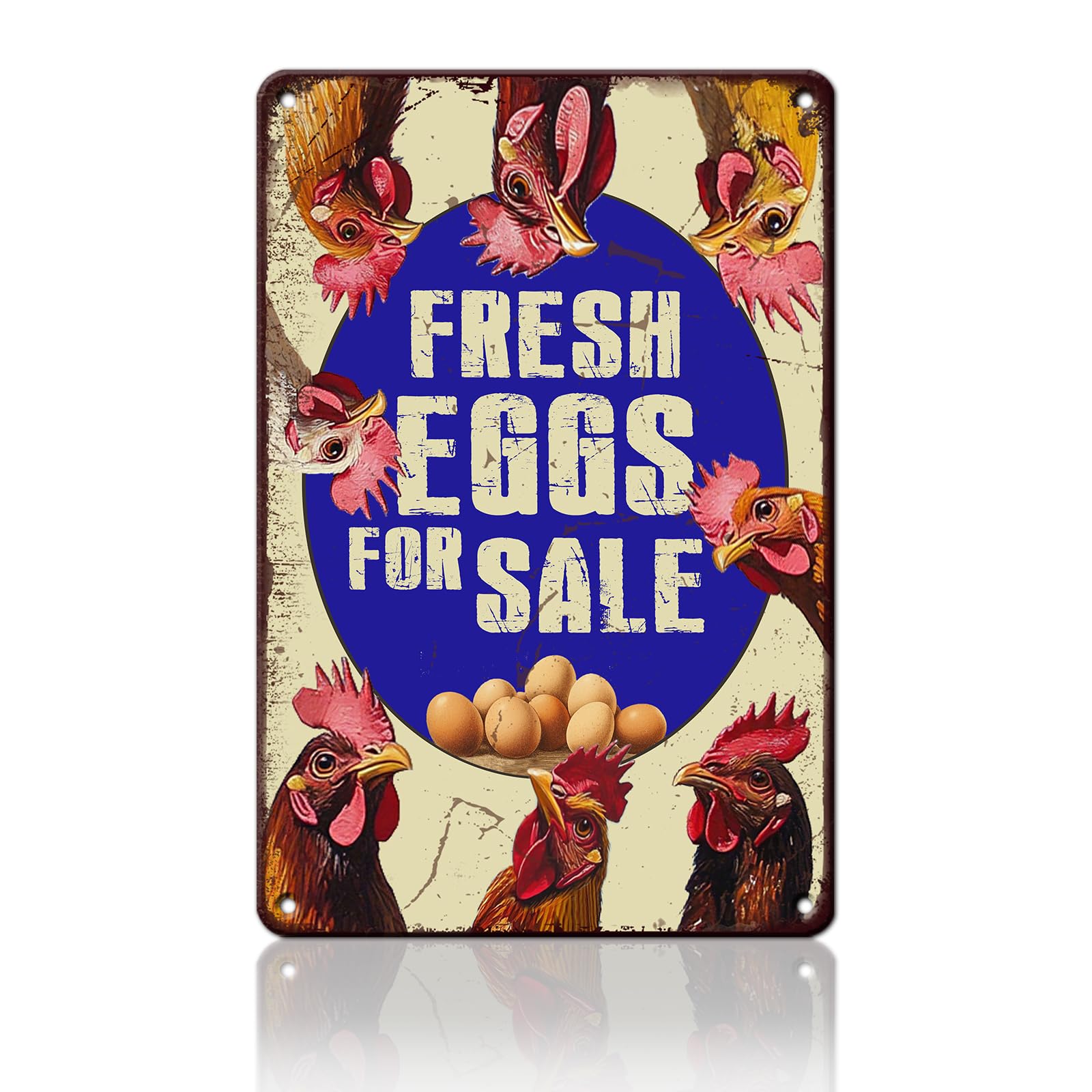 Vintage Fresh Eggs & Chicken Metal Sign Rustic Farm Eggs For Sale Tin Poster Home Kitchen Farmhouse Chicken Wall Decor 12x8 Inch