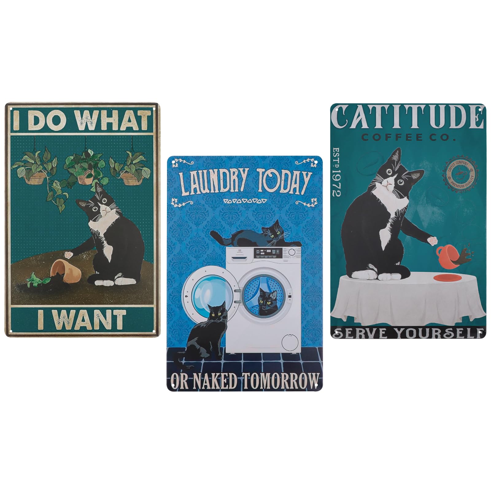 3PCS Vintage Metal Tin Sign Black Cat, Metal Retro Funny Cat Poster Art Decor Home Bar Coffee Wall 8x12 inch (Black Cat 03)