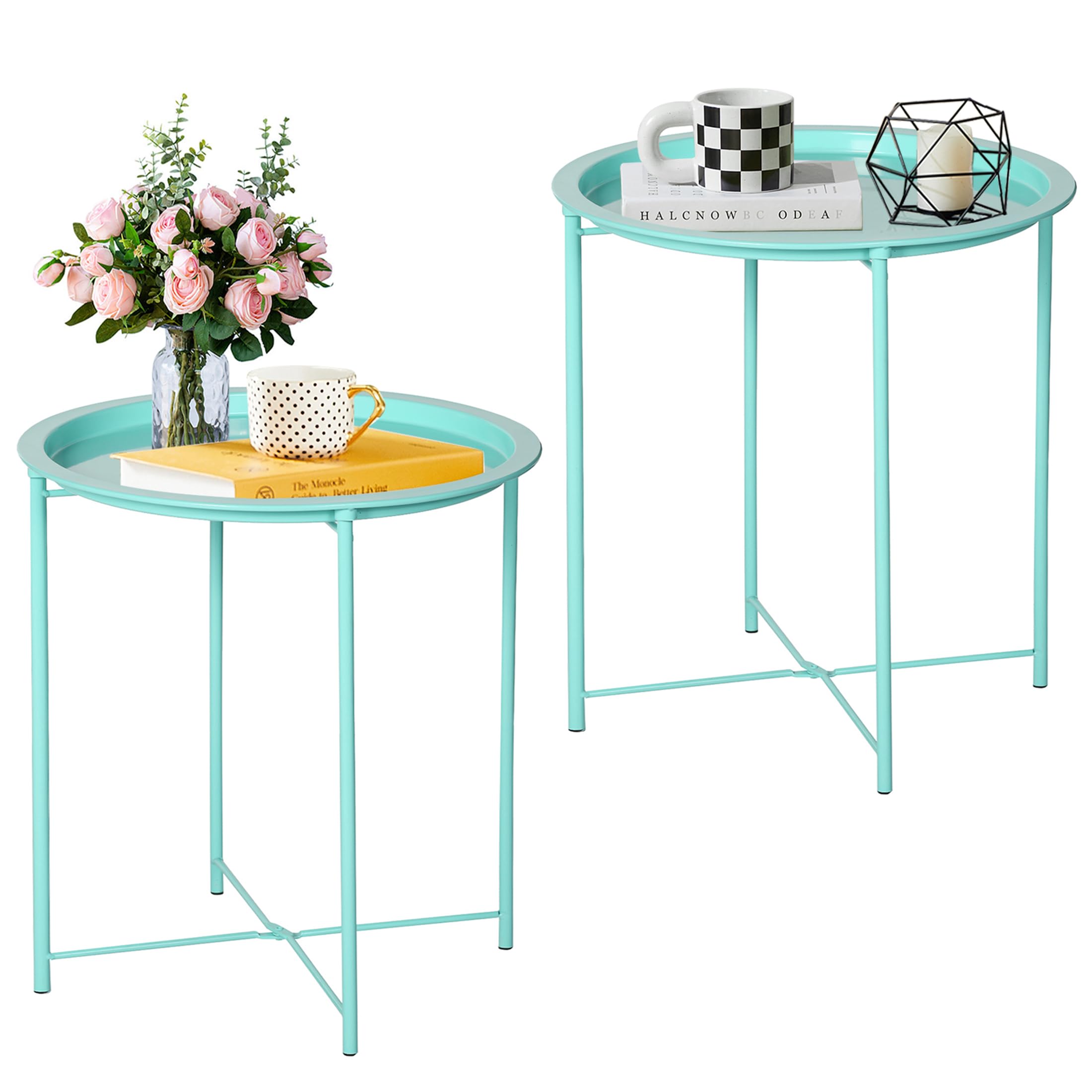 VECELO Side/End Table, Folding Round Metal Anti-Rust and Waterproof Outdoor or Indoor Tray for Living Room Bedroom Balcony and Office, 2 PCS, Dark Green