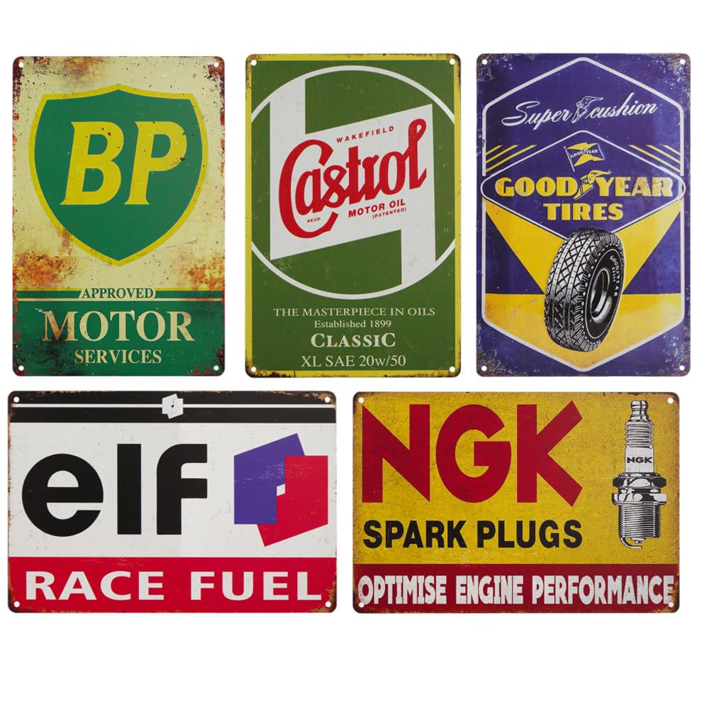 Vintage Tin Signs, Set of 5, Motor Oil and Automotive Advertisements, Metal, 8 x 12 Inches (Yellow)
