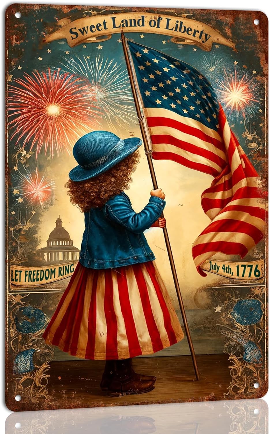 Vintage Tin Signs Lady Flag Independence Day Primitive 4th of July Americana Print Wall Art Encouragement Gifts for Women Home Office Bedroom Living Room Cafes Decor 8x12 Inch