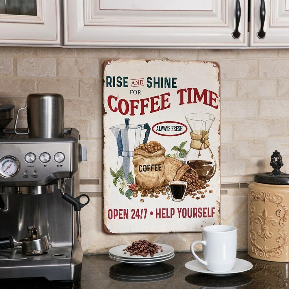YOYI ART Rise and Shine Coffee Sign - Rustic Vintage Metal Tin Wall Decor for Kitchen, Bar, Station - Gift for Coffee Lovers, 8 x 12 Inch