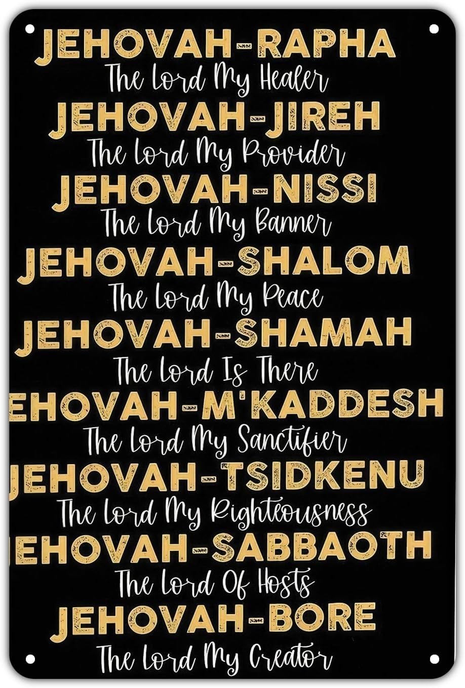 Jehovah Names tin sign Vintage Biblical Scripture Metal Sign Print Aesthetic for Garden Yard Bar Porch Home Bedroom Kitchen Wall Decor Gift 8 x 12 in