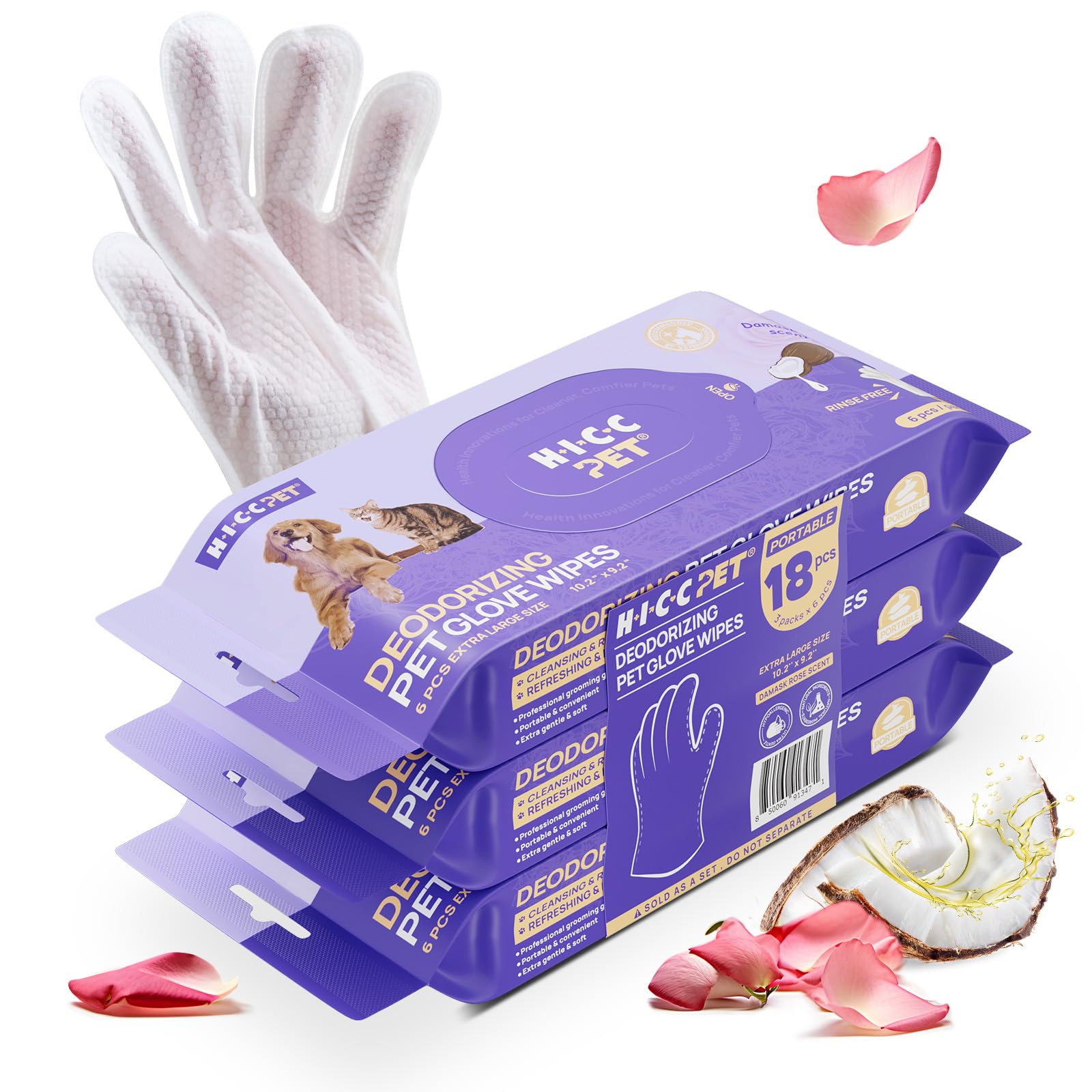 HICC PET Dog Wipes Cleaning Deodorizing Glove Wipes for Dogs, Cats & Horses, Vet Recommended Hypoallergenic Hydrating & Nourishing Pet Wipes for Eyes, Ears, Butt & Paws, No-Rinse, 6pcs Coconut Scent