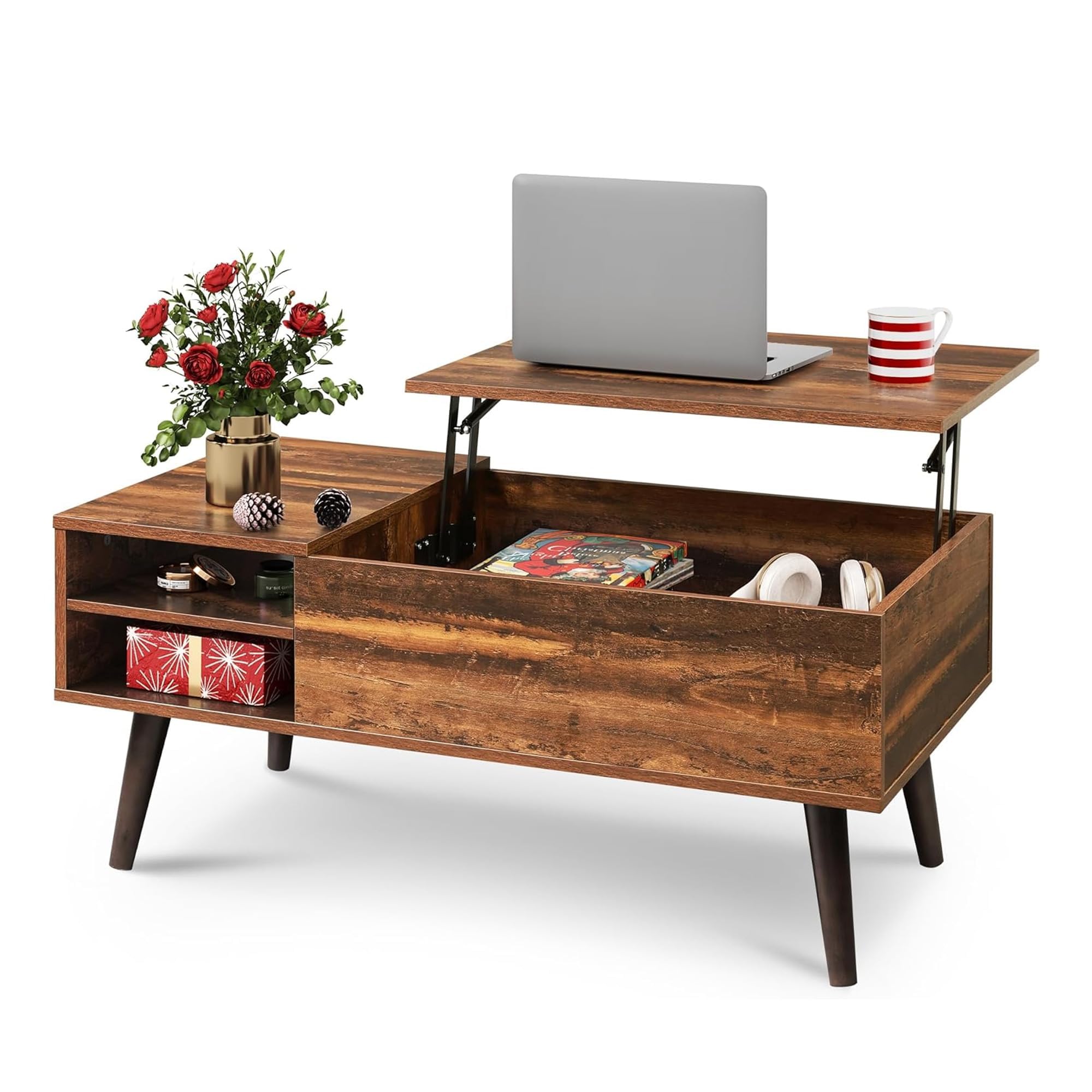 WLIVE Coffee Table with Lifting Top, Hidden Storage & Adjustable Shelf for Living Room Small Space, Multifunctional Rising Wooden Center Table, Mid Century Modern Tables for Home Dining Office, Brown
