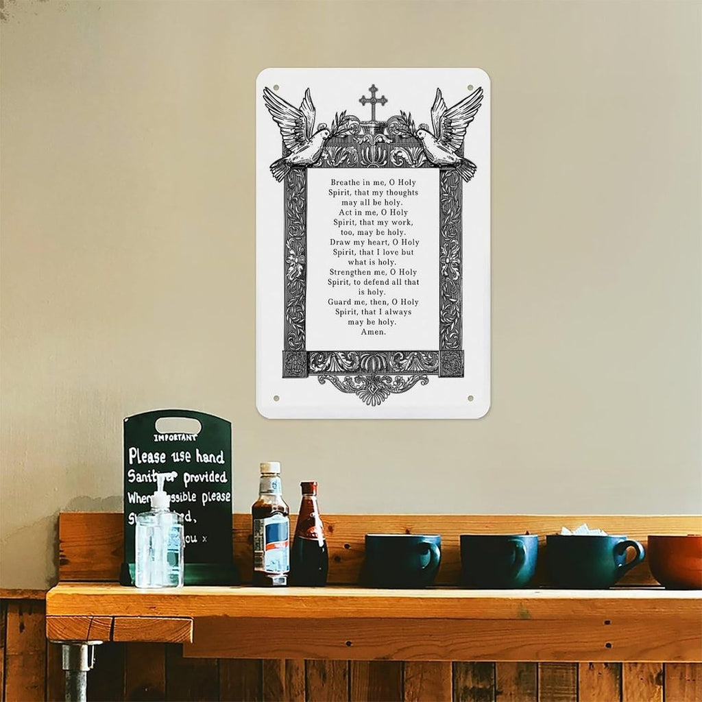 Catholic Saint Augustine Holy Spirit Prayer Metal Tin Sign Poster 12x8 Inch Black White Ornate Frame Dove Cross Wall Decor For Church Office Study Bedroom Faith Gift