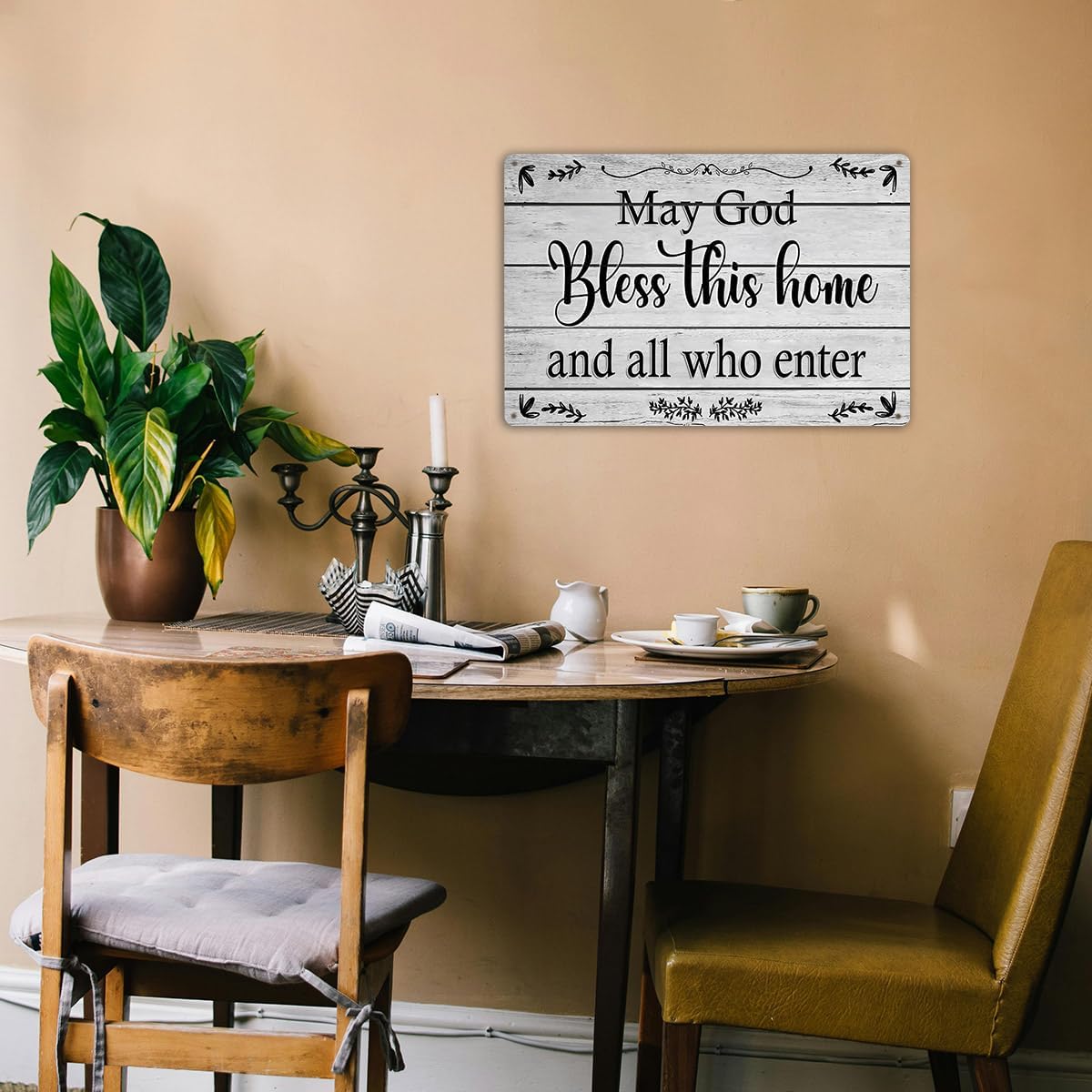 May God Bless This Home Wall Decor – Blessed Tin Sign for Christian Decoration – Rustic Family Welcome Sign for Front Door or Kitchen – Vintage Housewarming Gift for New Home – 8x12 Inch Metal Wall Art