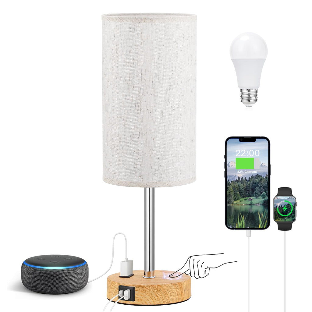 Fenmzee Bedside Table Lamp for Bedroom - 3 Way Dimmable Touch Lamp USB C Charging Ports and AC Outlet, Small Lamp Wood Base Round Flaxen Fabric Shade for Living Room, Desk, LED Bulb Included