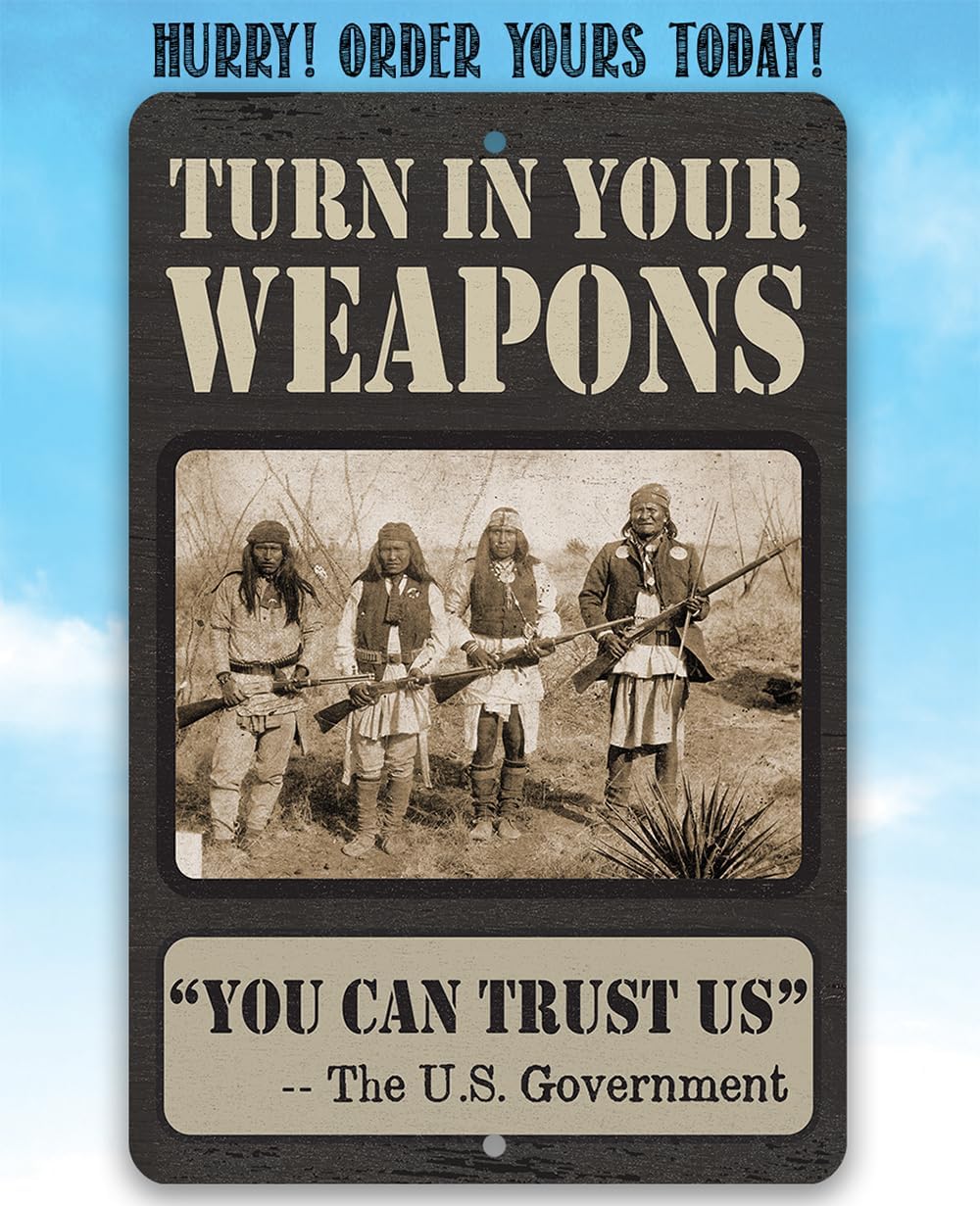 Turn In Your Weapons - Pro-Gun Humor: Durable Metal Sign with Wood-Like Finish - Vintage Design for Home, Bar, Man Cave Decor - Ideal Gift for Gun Enthusiasts (8" x 12")