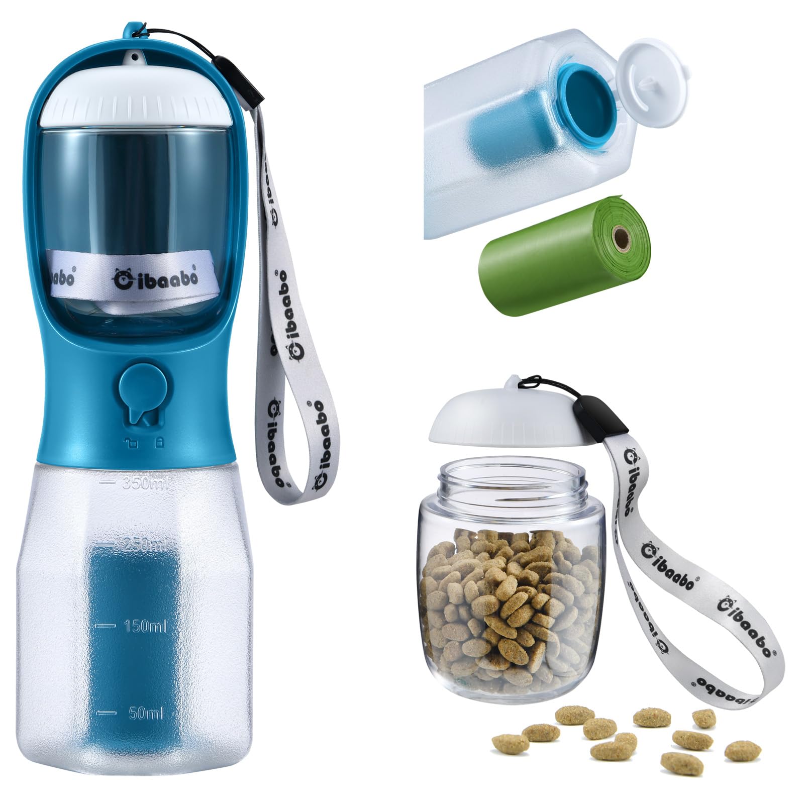 Cibaabo Dog Water Bottle with Food Container & Poop Bag Holder, Travel Water Bowl, Portable Pet Dispenser, Girl Dog Accessories Stuff Items Essentials Gift for Yorkie Chihuahua Walking Hiking