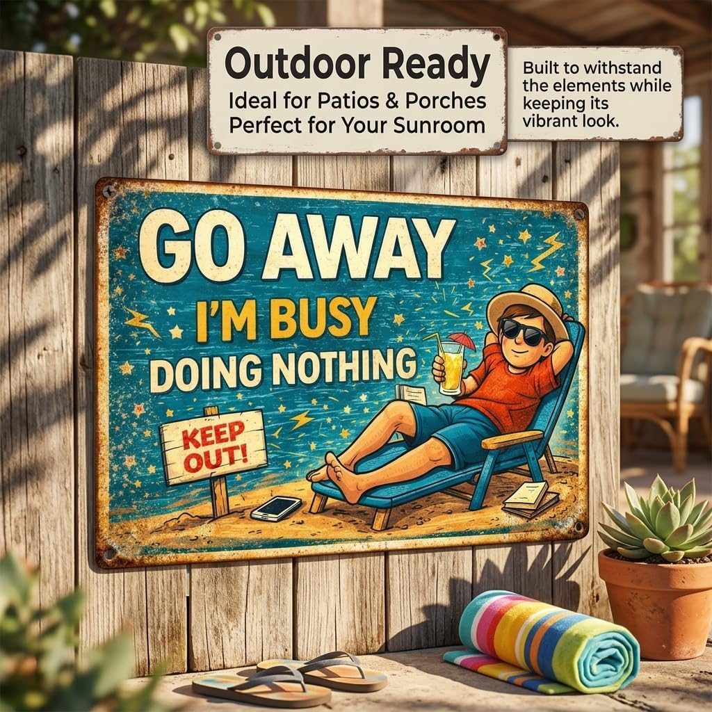 Funny Go Away I'm Busy Doing Nothing Metal Tin Sign, 8 x 12 Inch Vintage Metal Wall Decor for Home Office, Beach Themed Sarcastic Room Poster, Weatherproof Retro Aesthetic Sign for Pool House Garage
