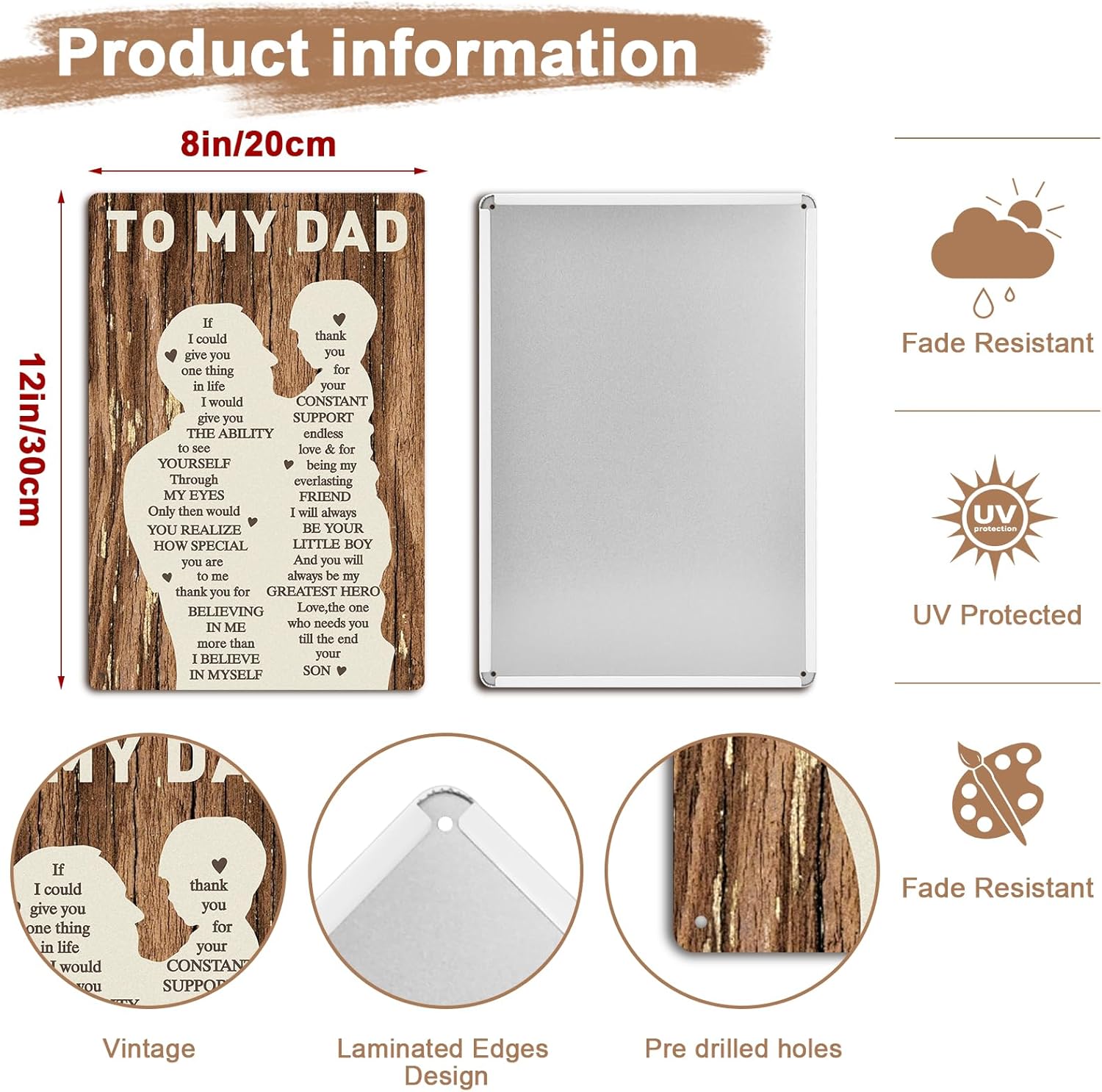 Fathers Day Dad Gifts from Son - 12x8Inch Metal Tin Sign Vintage Plaque Home Wall Decor Dad Birthday Gifts Personalized Retirement Christmas Anniversary Presents for Father Stepfather Papa Husband Men