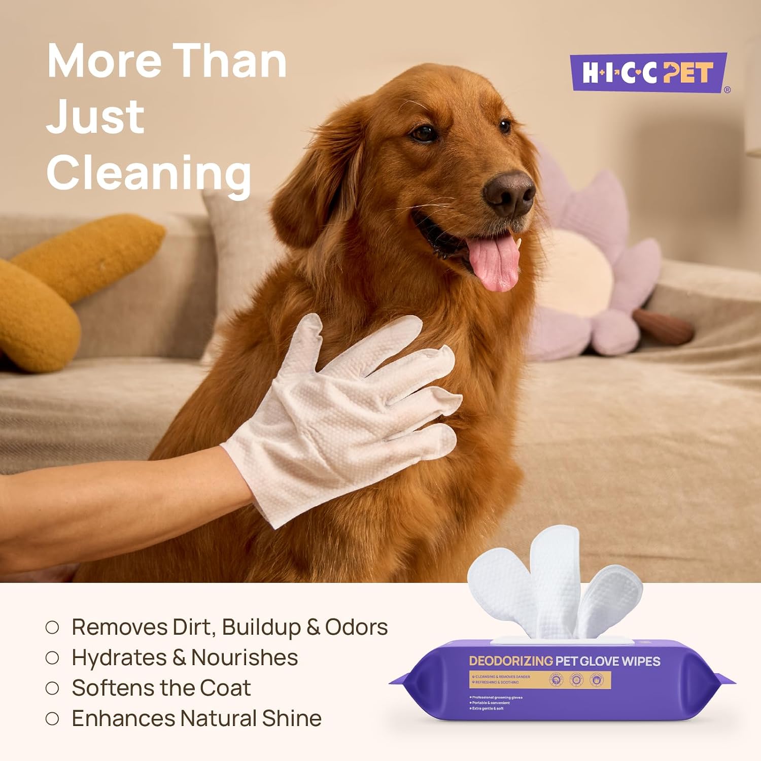 HICC PET Dog Wipes Cleaning Deodorizing Glove Wipes for Dogs, Cats & Horses, Vet Recommended Hypoallergenic Hydrating & Nourishing Pet Wipes for Eyes, Ears, Butt & Paws, No-Rinse, 6pcs Coconut Scent