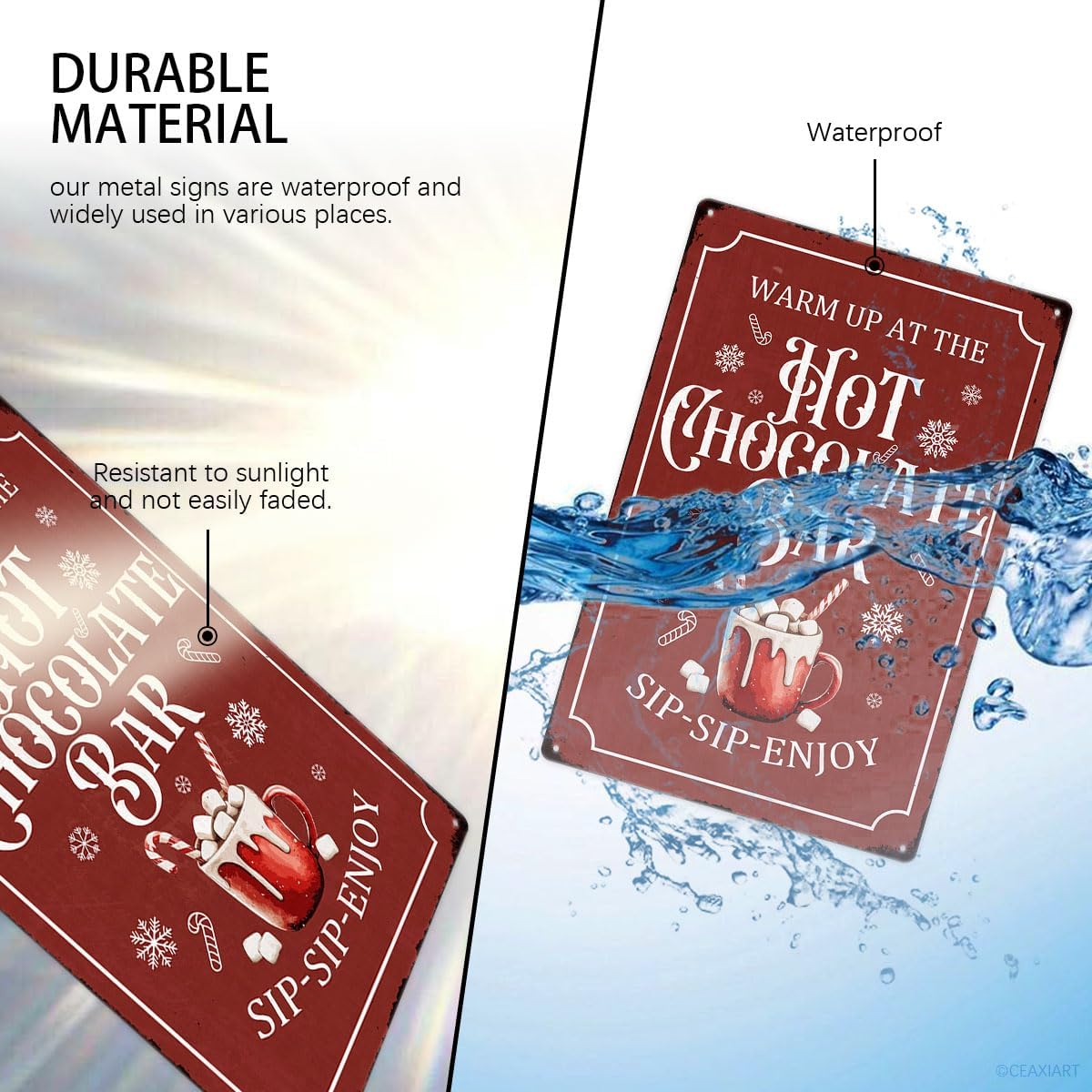 Christmas Metal Signs Red Hot Chocolate Bar Tin Sign Vintage Print Art Poster Ornaments for Home Kitchen Patio Yard Office Cafe Coffee Bar Front Door Porch Wall Decor Xmas Novelty Gift 8X12 Inch