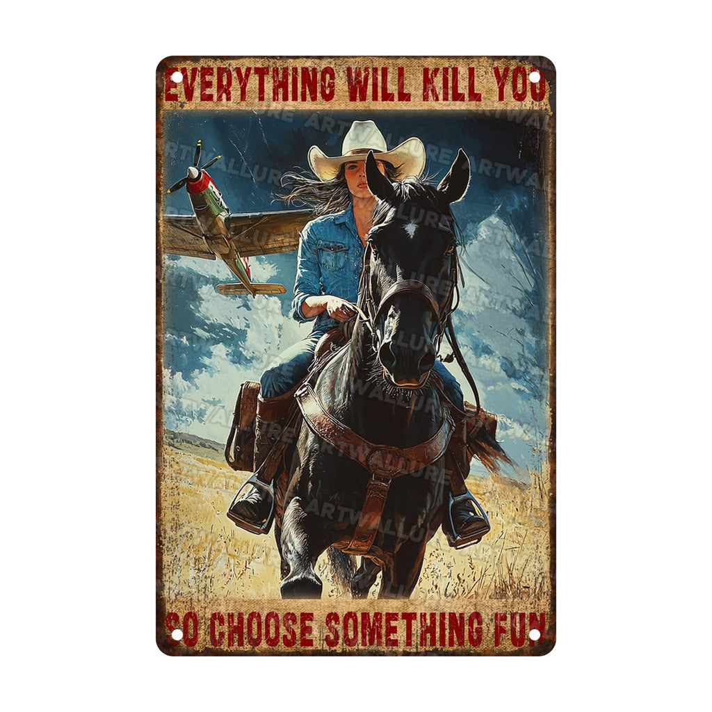 Retro Cowgirl Tin Sign Metal Wall Art Rustic Western Home Decor Wanted Theme 8x12inch