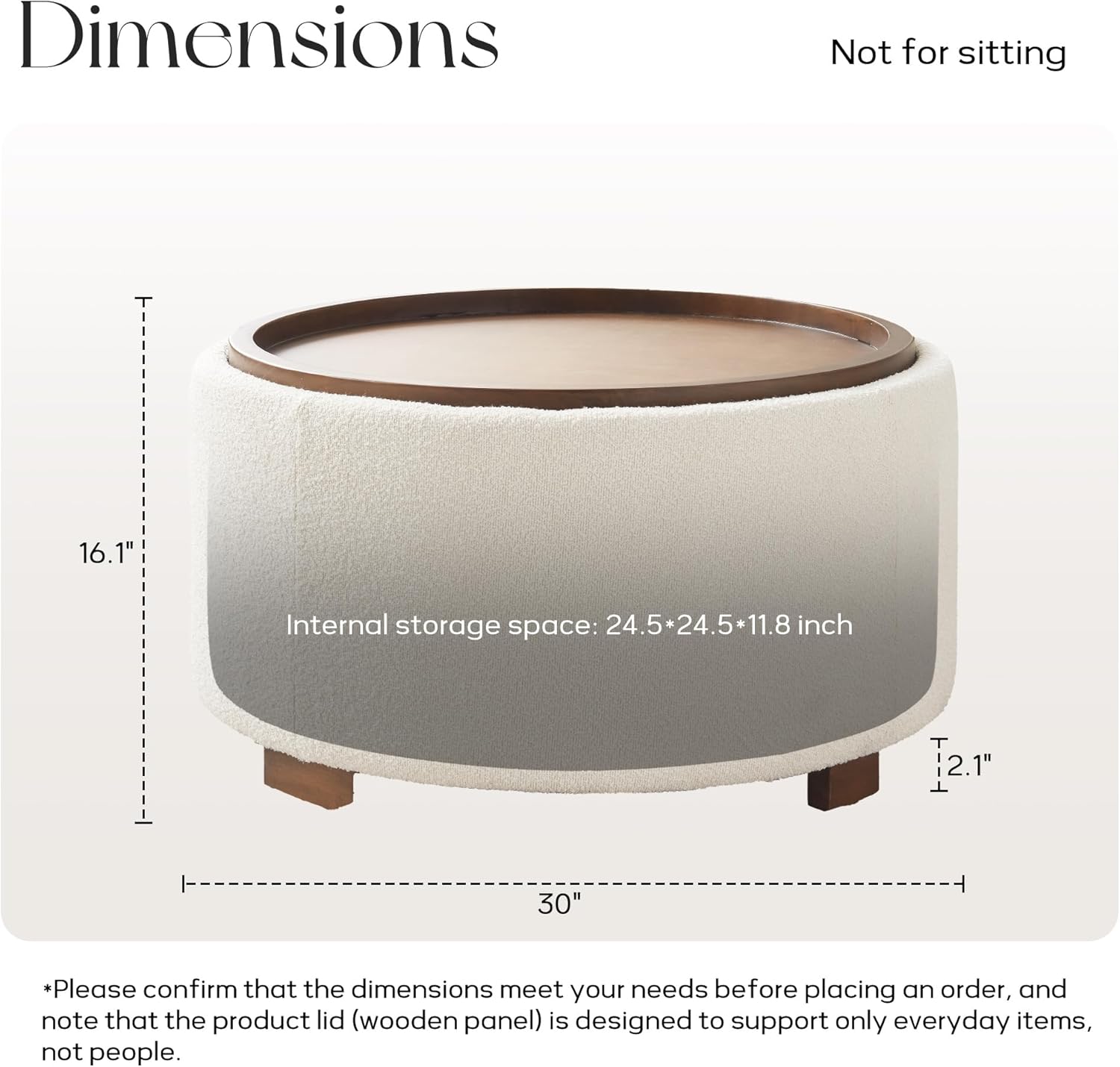 Zihanhome 30 Inch Round Storage Ottoman Coffee Table, Modern Boucle Ottoman with Lift-Off Lid and Solid Wood Legs for Living Room, Bedroom, Corners, Apartments (Beige)