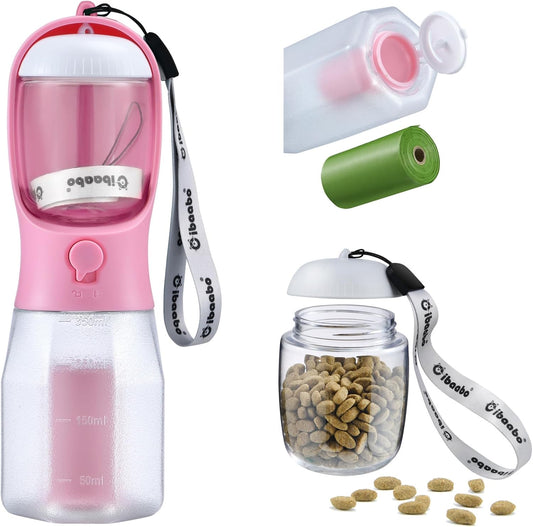 Cibaabo Dog Water Bottle with Food Container & Poop Bag Holder, Travel Water Bowl, Portable Pet Dispenser, Girl Dog Accessories Stuff Items Essentials Gift for Yorkie Chihuahua Walking Hiking