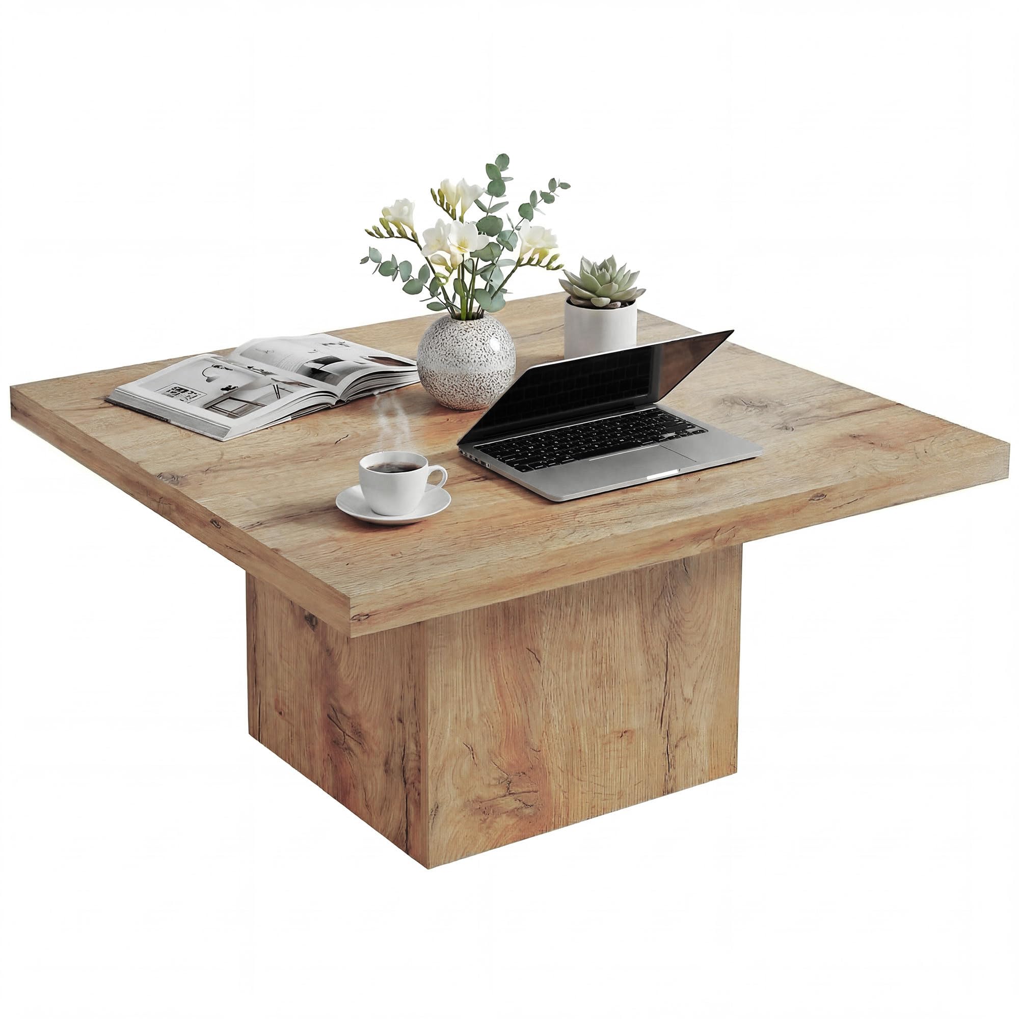 HOMCOM Living Room Table with 1.6" Thick Tabletop, Wood Rustic Coffee Table for Living Room, Farmhouse Coffee Table, Easy to Assemble, 31.5" x 31.5", Gray Wood Grain