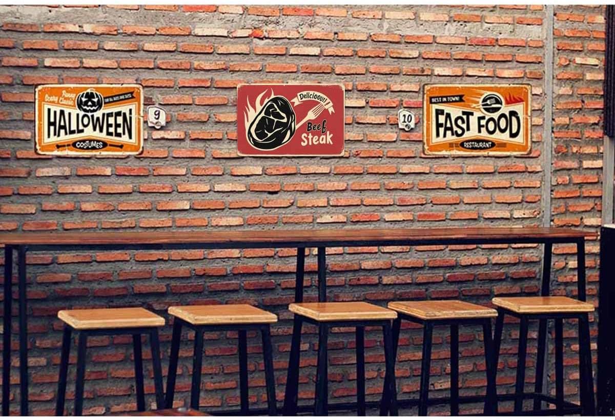 AOYEGO Steak Tin Sign,Beef Meat Delicious Fire Hot Fork Block Protein Food Restaurant Vintage Metal Tin Signs for Cafes Bars Pubs Shop Wall Decorative Funny Retro Signs for Men Women 8x12 Inch