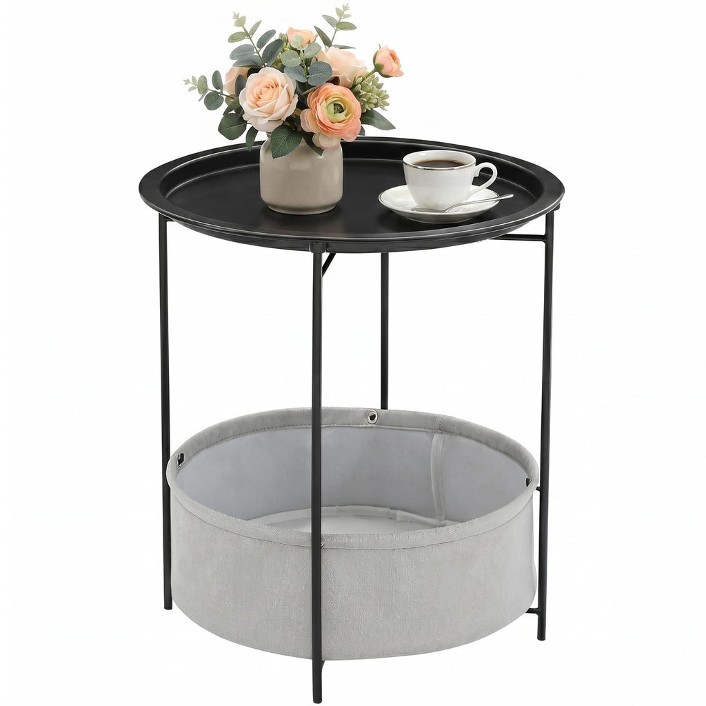 VECELO Side/End Table, Folding Round Metal Anti-Rust and Waterproof Outdoor or Indoor Tray for Living Room Bedroom Balcony and Office, 2 PCS, Dark Green