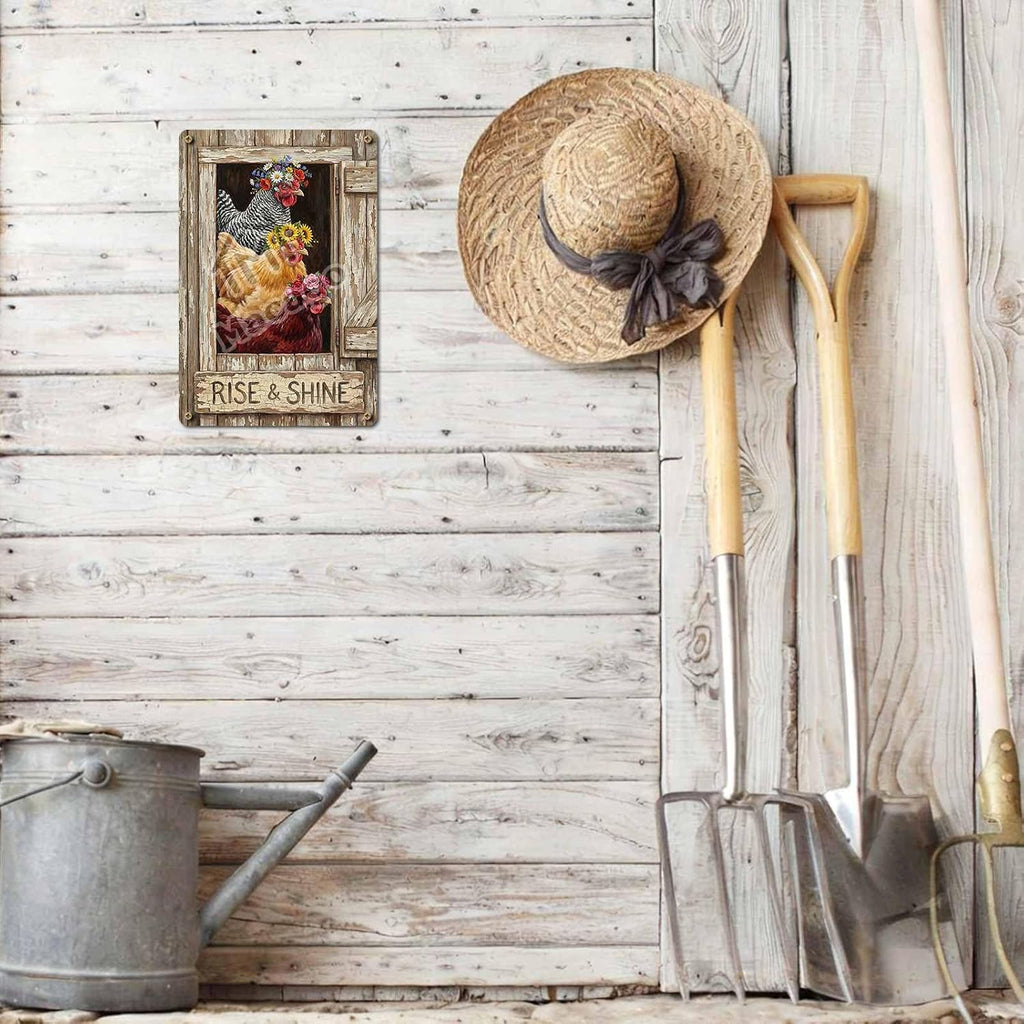 Rise and Shine Chicken Metal Tin Sign - Rustic Farmhouse Kitchen Wall Decor - Cute Rooster & Hen Art Poster for Coffee Bar or Breakfast Nook 8x12 inch