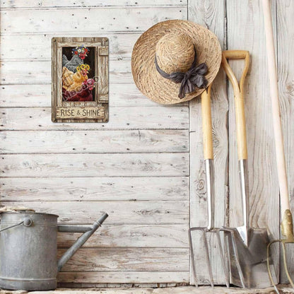 Rise and Shine Chicken Metal Tin Sign - Rustic Farmhouse Kitchen Wall Decor - Cute Rooster & Hen Art Poster for Coffee Bar or Breakfast Nook 8x12 inch