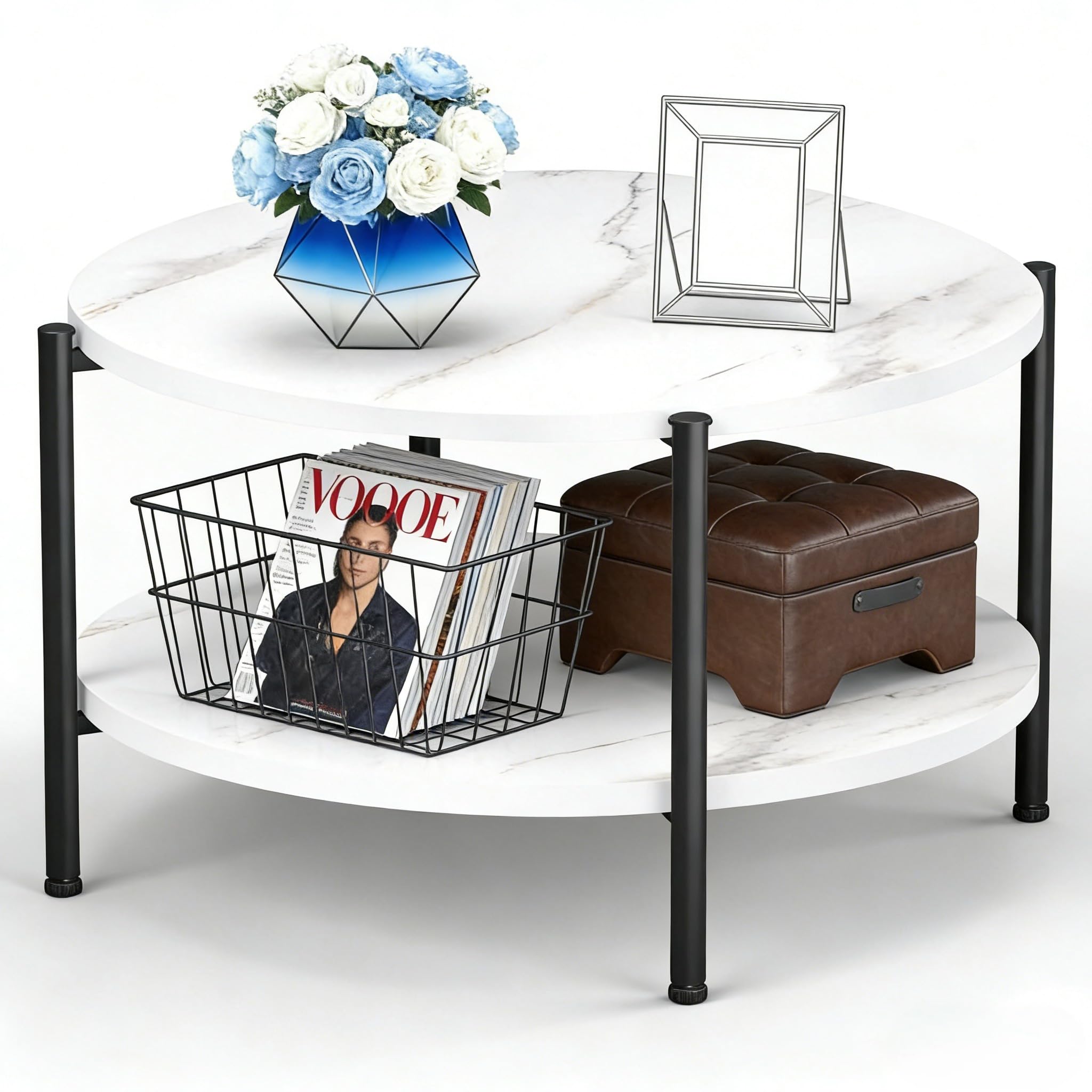 FAMIDGE Coffee Table, 23.6" Coffee Tables for Living Room, Round Coffee Table with Metal Frame, Floor Table for Sitting on The Floor, Home, Office, Black