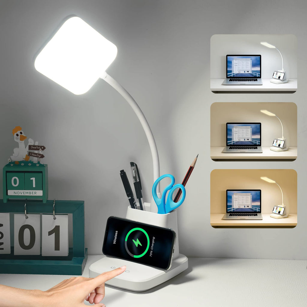 Desk Lamp, LED Desk Lamps for Home Office, Wireless Charger Small Desk Lamp with Pen Holder, 3 Color Modes, Dimmable, CRI 85, 800LM, Study Lamps for College Dorm Room, Adapter Included, Black