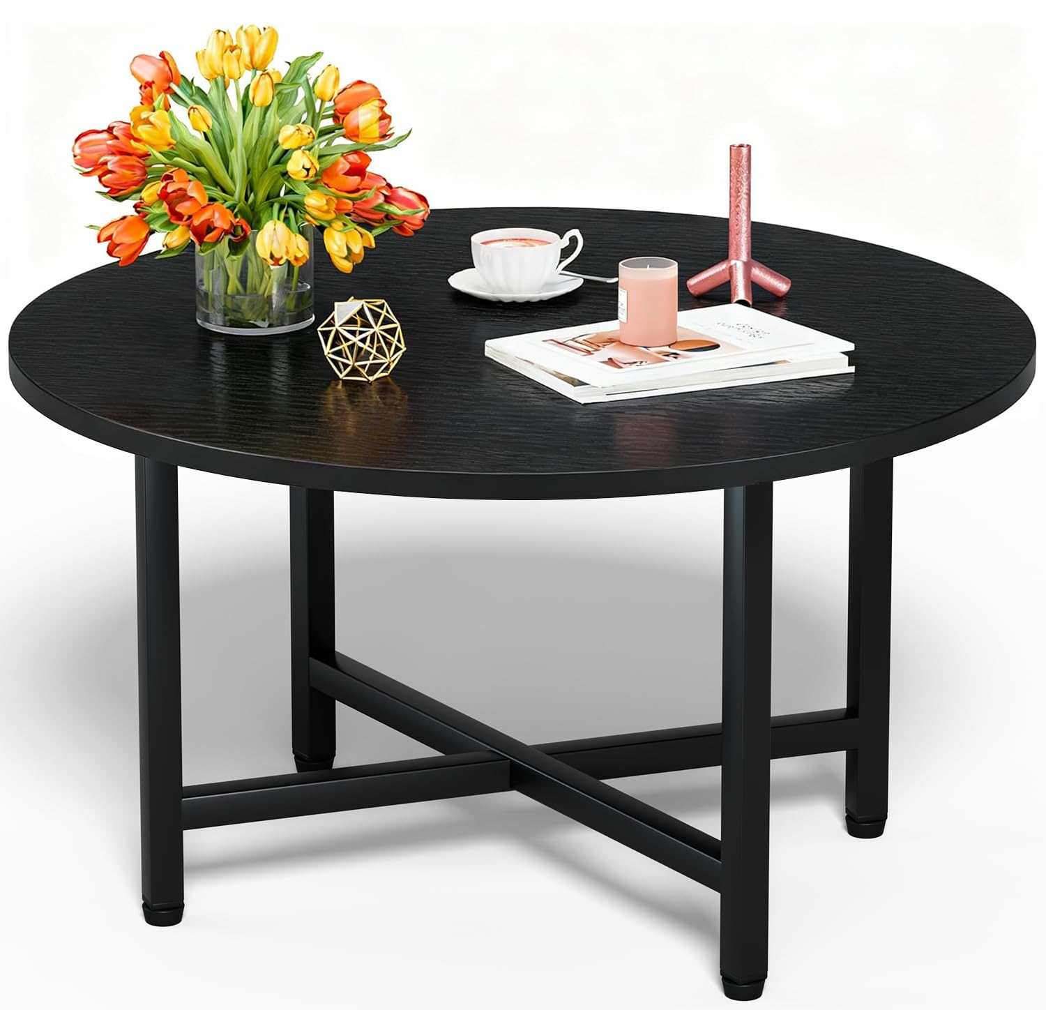 FAMIDGE Coffee Table, 23.6" Coffee Tables for Living Room, Round Coffee Table with Metal Frame, Floor Table for Sitting on The Floor, Home, Office, Black