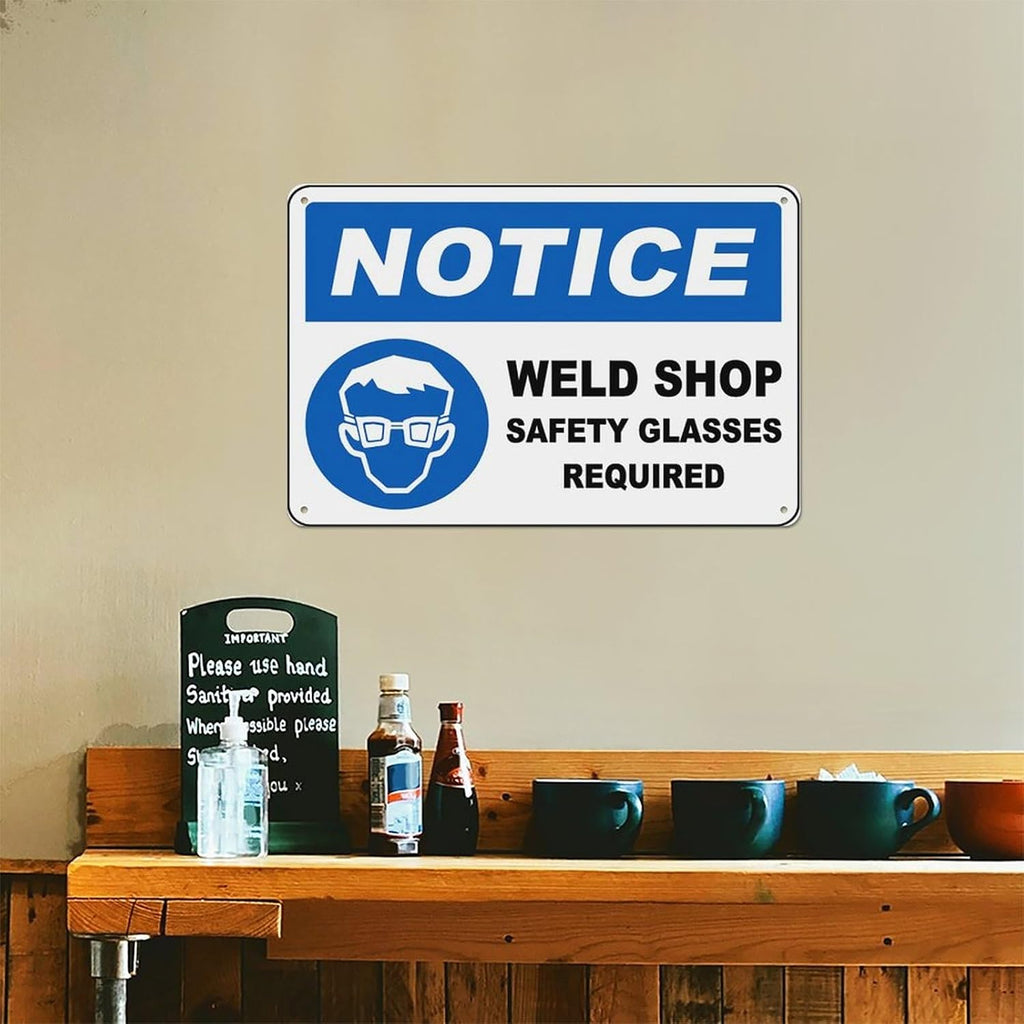 Safety Glasses Required In Weld Shop Sign Aluminum Tin Warning Signs For Home Outdoor Garden 8X12 Inches