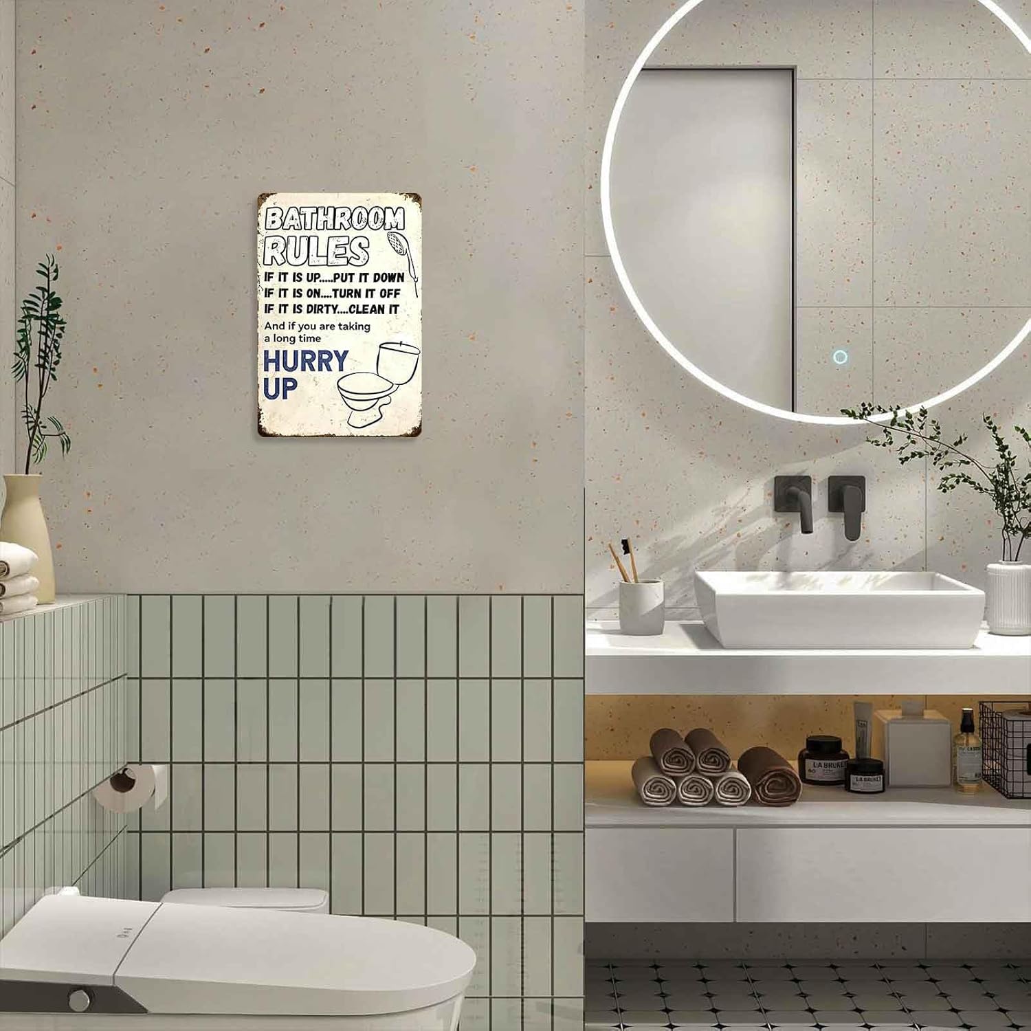 Vintage 'Bathroom Rules' Metal Tin Sign – Funny Wall Art for Bathroom Decor, 8x12 Inch