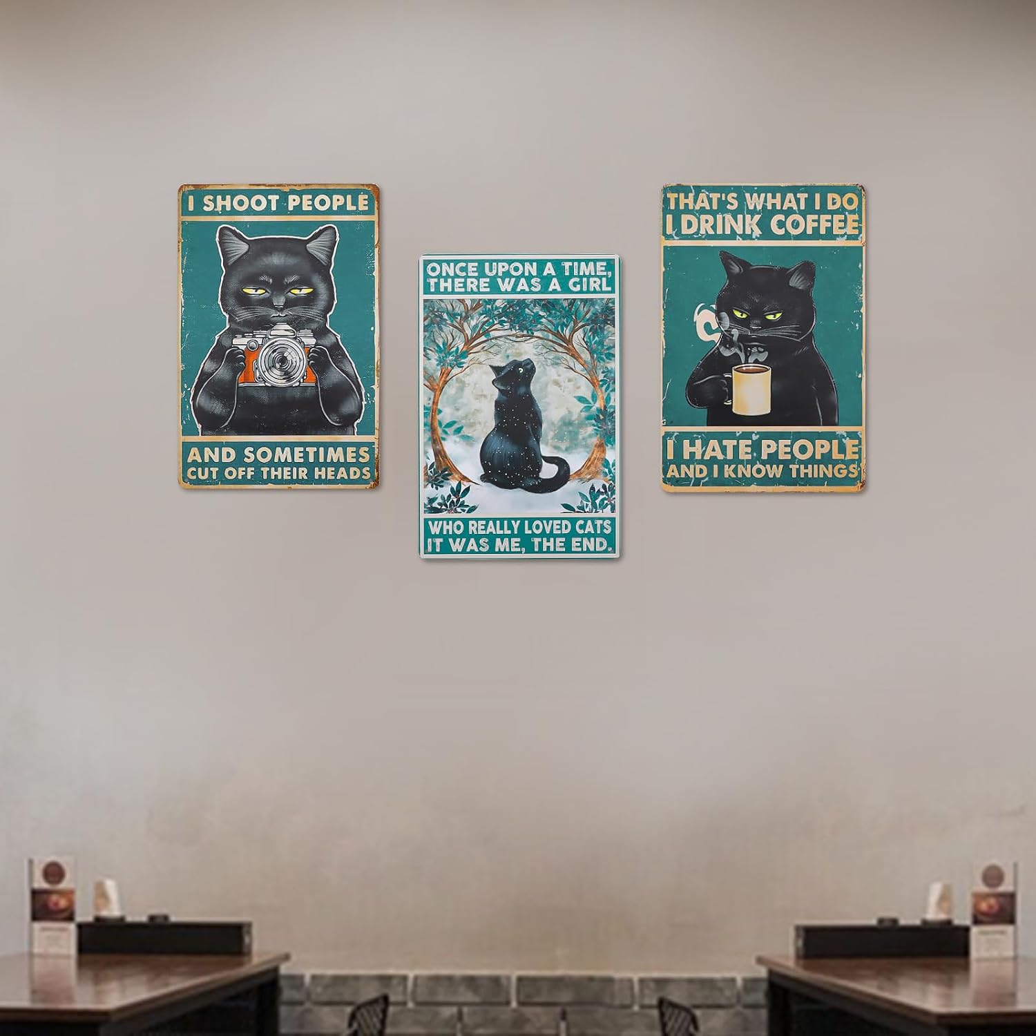 3PCS Vintage Metal Tin Sign Black Cat, Metal Retro Funny Cat Poster Art Decor Home Bar Coffee Wall 8x12 inch (Black Cat 03)