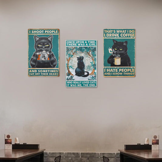 3PCS Vintage Metal Tin Sign Black Cat, Metal Retro Funny Cat Poster Art Decor Home Bar Coffee Wall 8x12 inch (Black Cat 03)