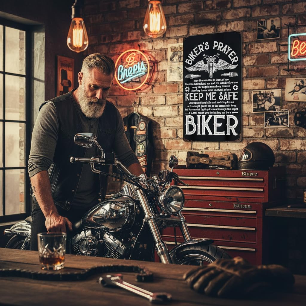 Vintage Biker's Prayer Metal Tin Sign, Rustic Wall Plaque, Black, 8x12 Inch, Home, Bar, and Garage Decor