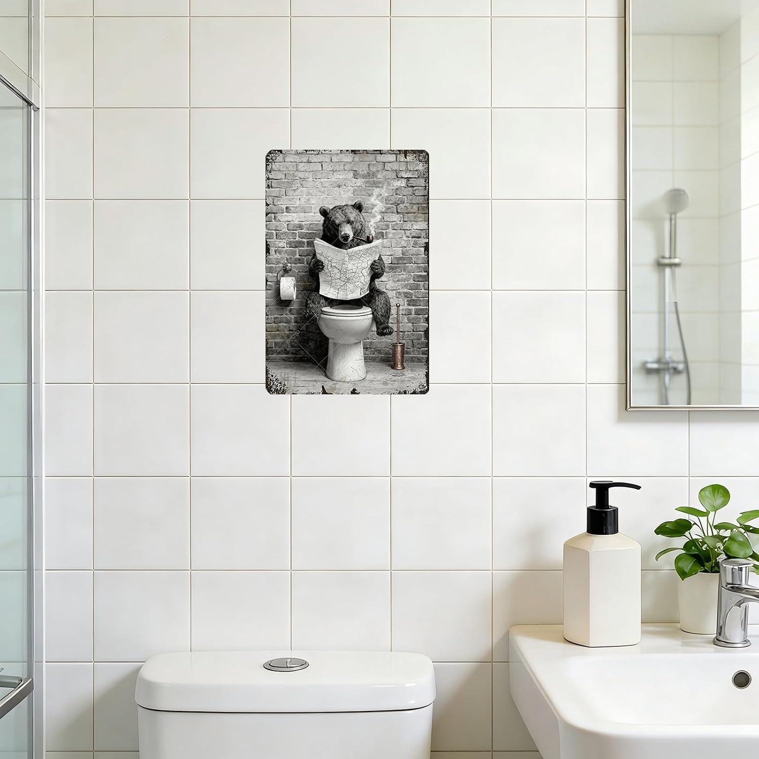 Funny Bear Metal Tin Sign Black and White Bathroom Vintage Bathroom Signs Restroom Wall Decor 12x8 Inch