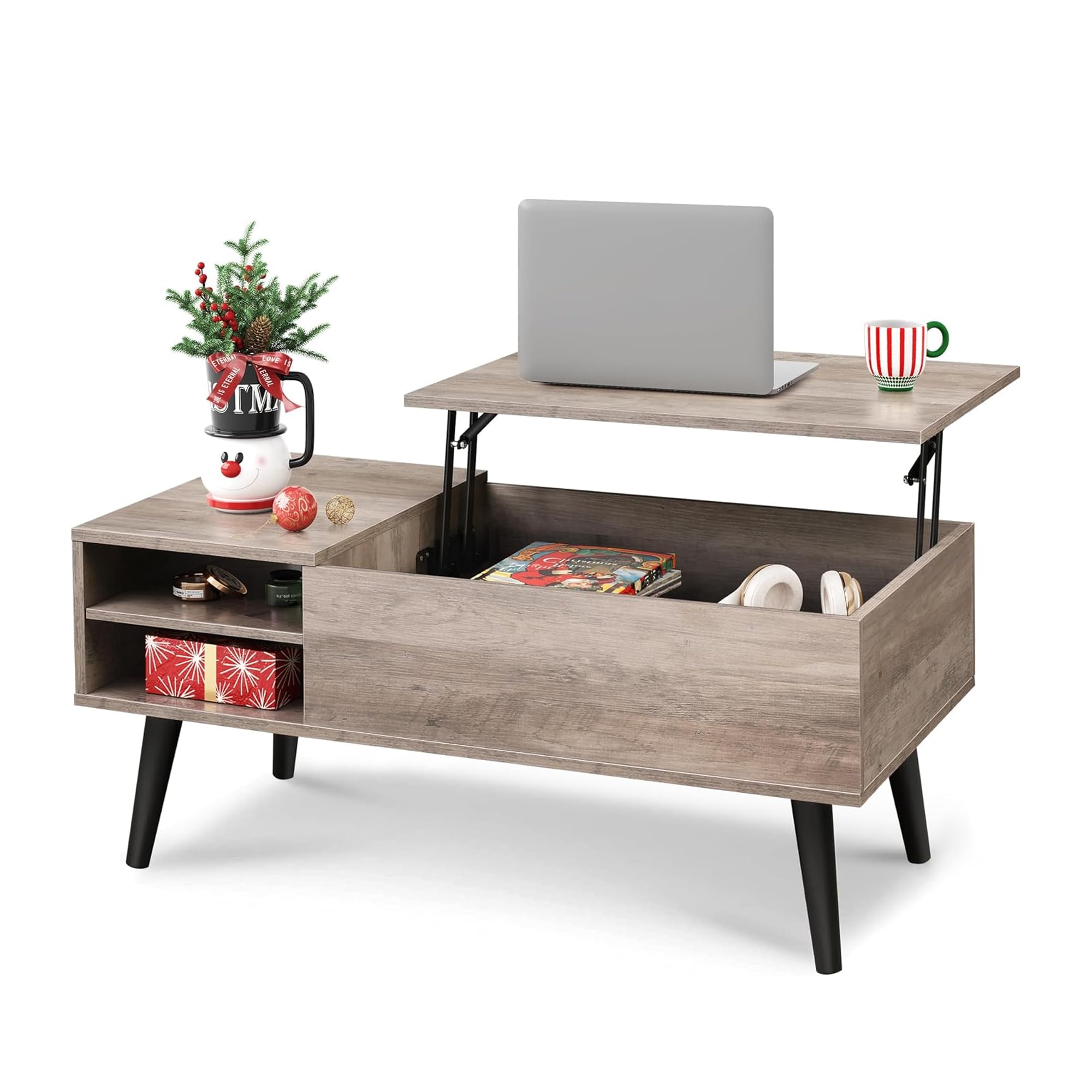 WLIVE Coffee Table with Lifting Top, Hidden Storage & Adjustable Shelf for Living Room Small Space, Multifunctional Rising Wooden Center Table, Mid Century Modern Tables for Home Dining Office, Brown
