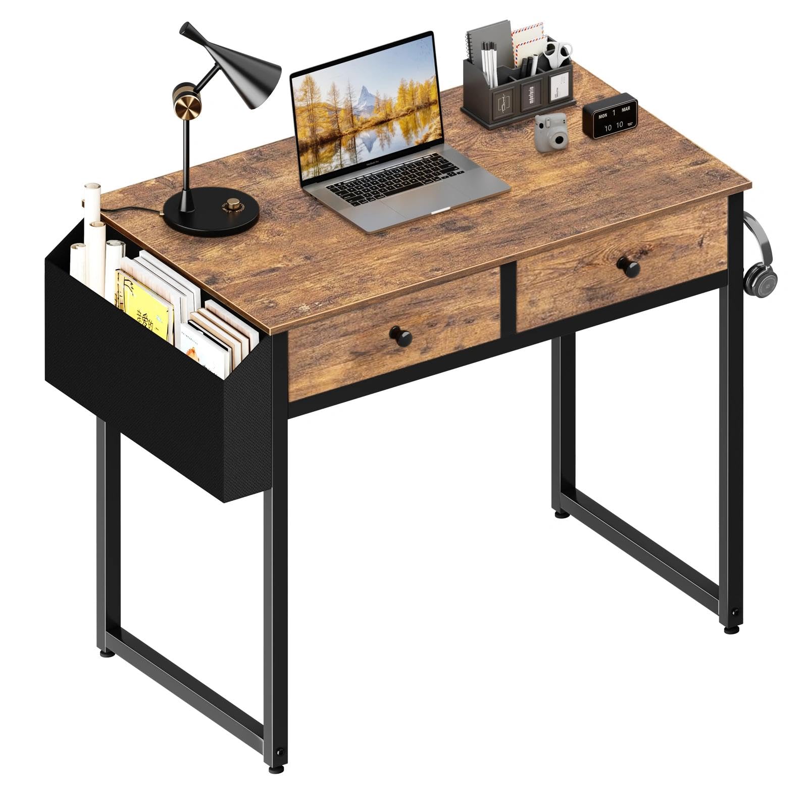 Lufeiya Small Computer Desk with 2 Drawers for Bedroom, 31 Inch Home Office Desk with Storage Fabric Drawer and Bag, Study Writing Table for Small Spaces, Rustic Brown