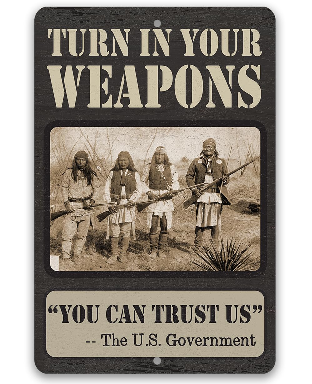 Turn In Your Weapons - Pro-Gun Humor: Durable Metal Sign with Wood-Like Finish - Vintage Design for Home, Bar, Man Cave Decor - Ideal Gift for Gun Enthusiasts (8" x 12")