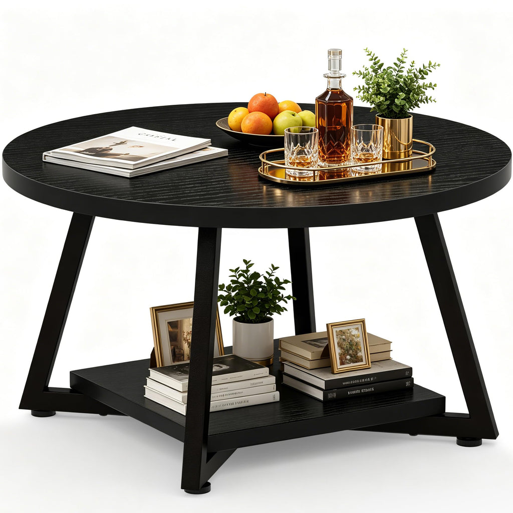 FAMIDGE Coffee Table, 23.6" Coffee Tables for Living Room, Round Coffee Table with Metal Frame, Floor Table for Sitting on The Floor, Home, Office, Black