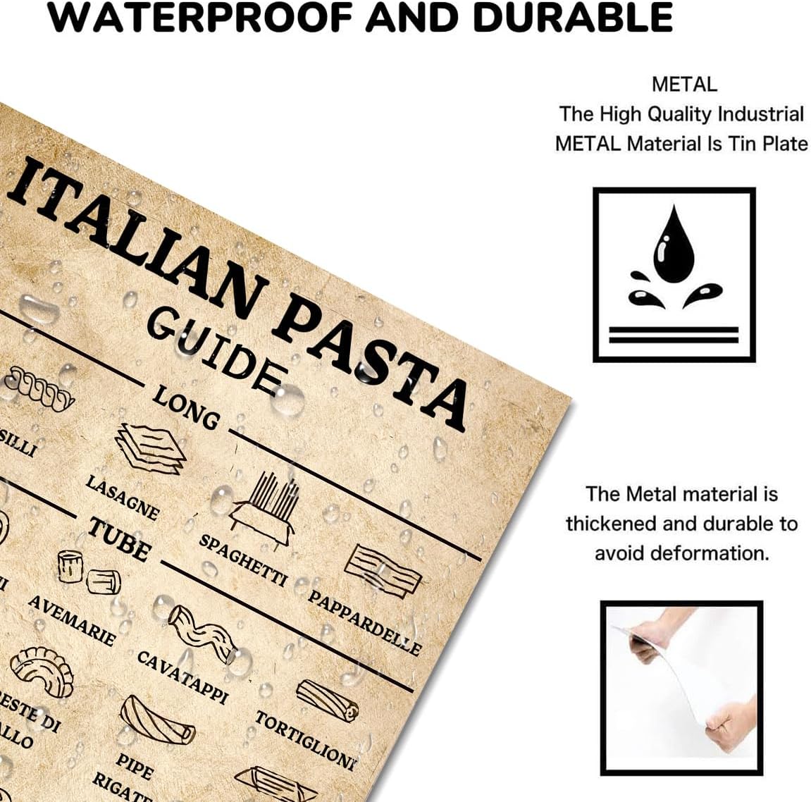 EMOHAT Italian Pasta Guide Metal Tin Sign 8x12 Inch - Vintage Kitchen Wall Decor for Home & Restaurant - Pasta Lovers Retro Art Poster with Pasta Types - Rustic Metal Plaque
